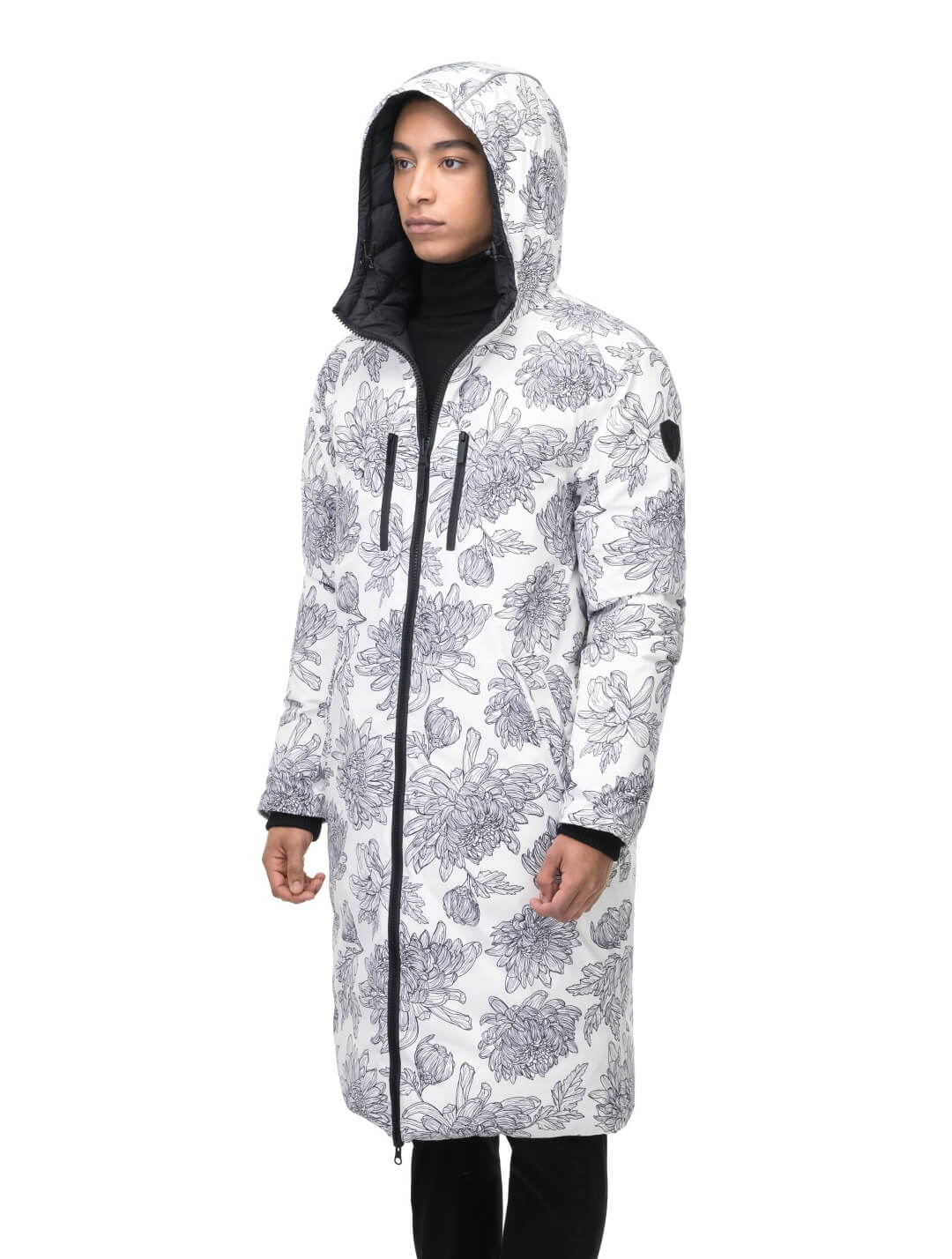 Men's knee length reversible down-filled parka with non-removable hood in White Floral Print