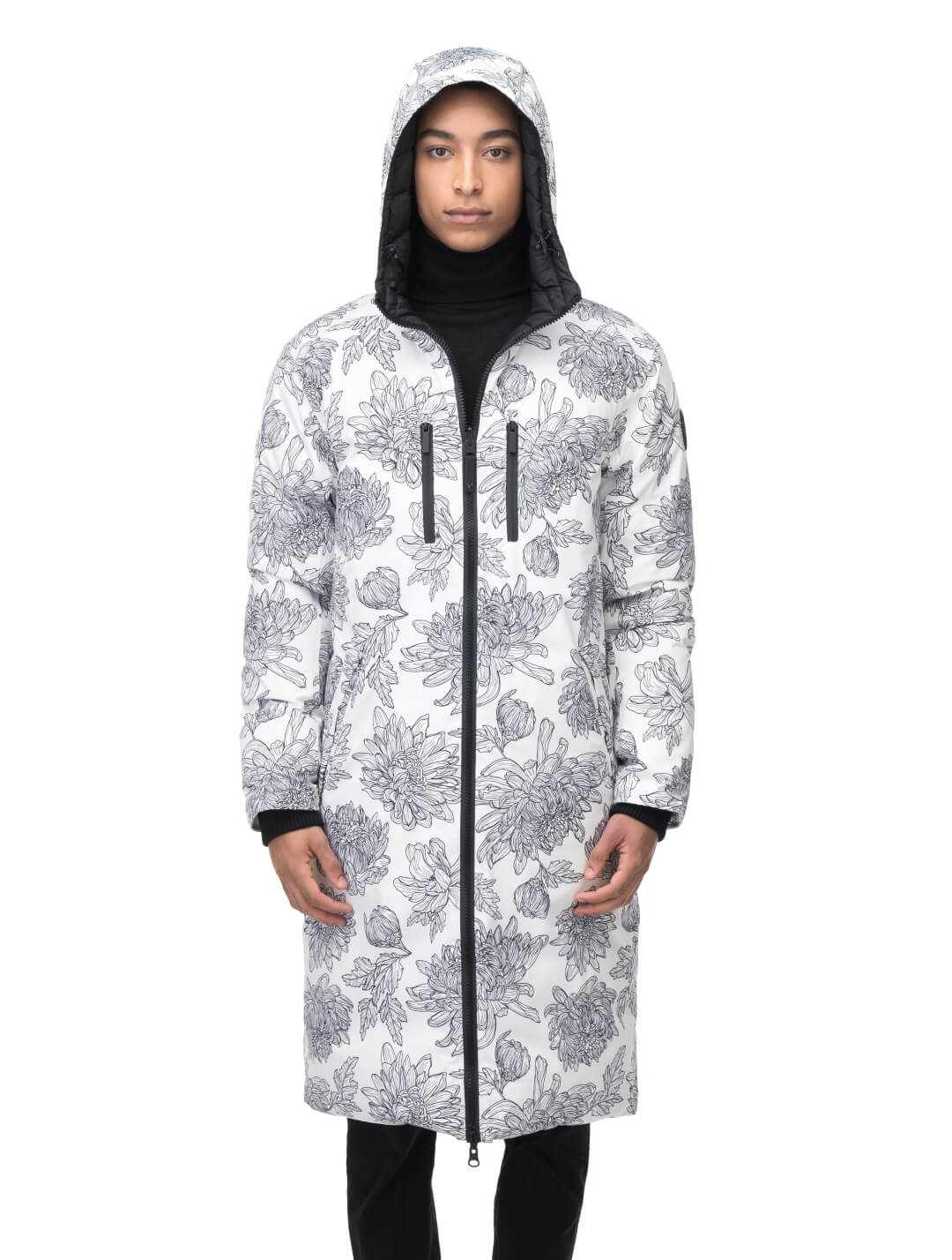 Men's knee length reversible down-filled parka with non-removable hood in White Floral Print