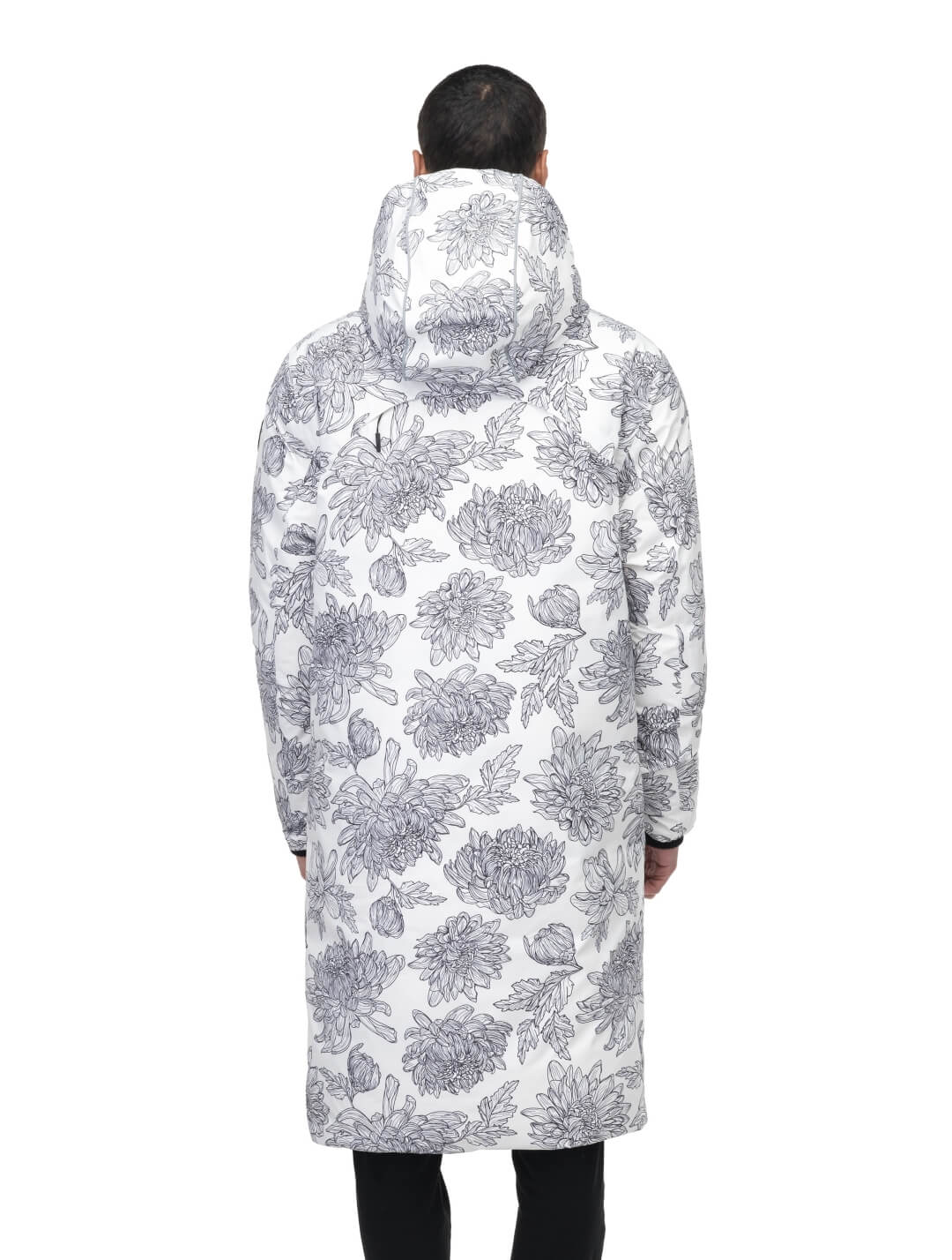 Men's knee length reversible down-filled parka with non-removable hood in White Floral Print