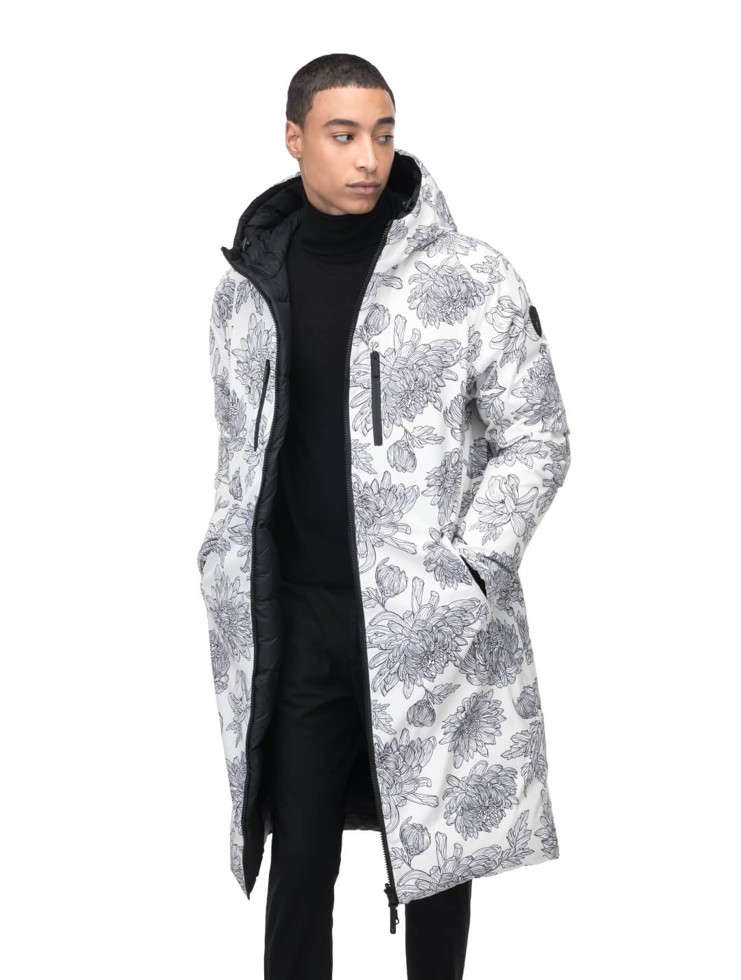 Men's knee length reversible down-filled parka with non-removable hood in White Floral Print