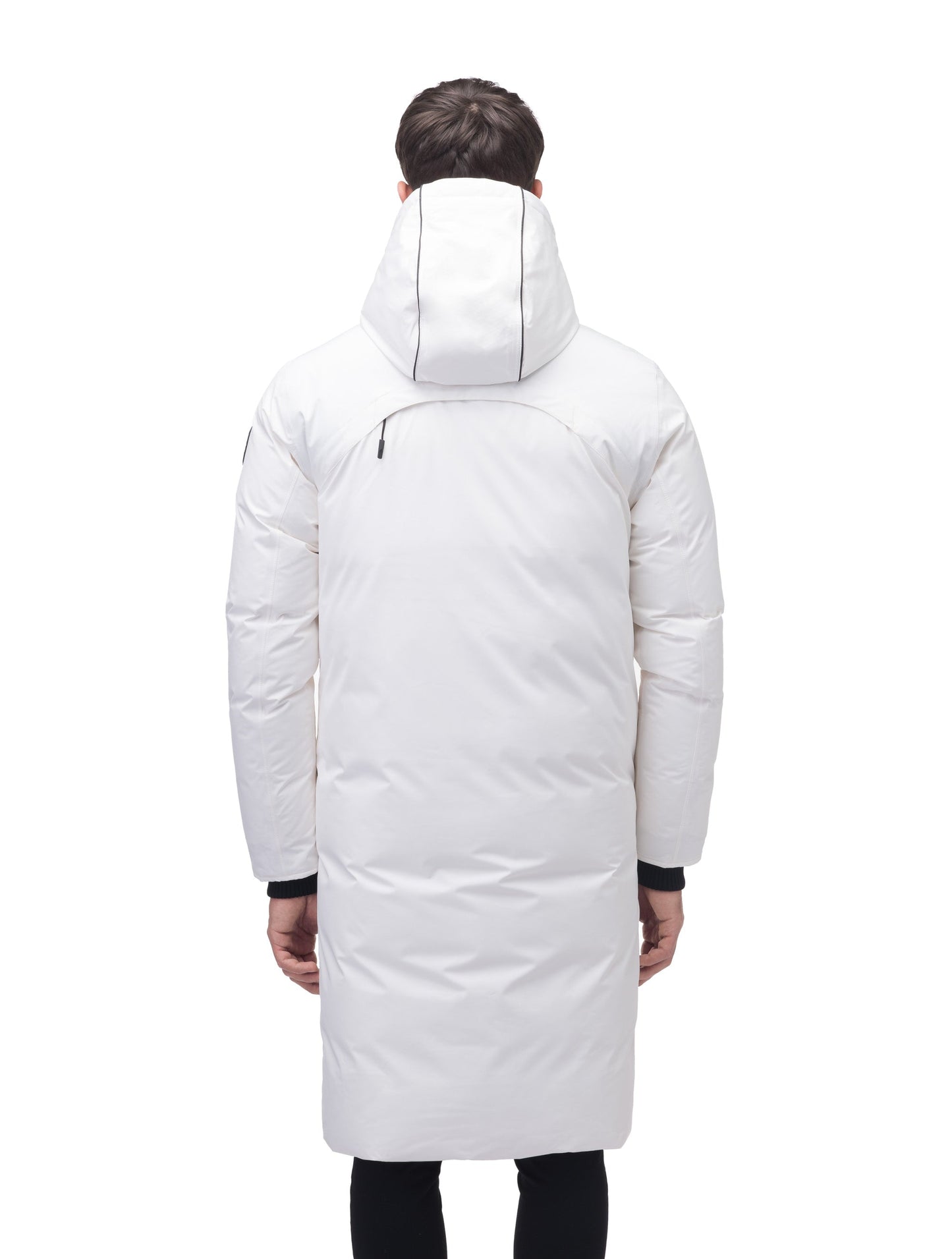 Men's knee length reversible down-filled parka with non-removable hood in Chalk/Atomic