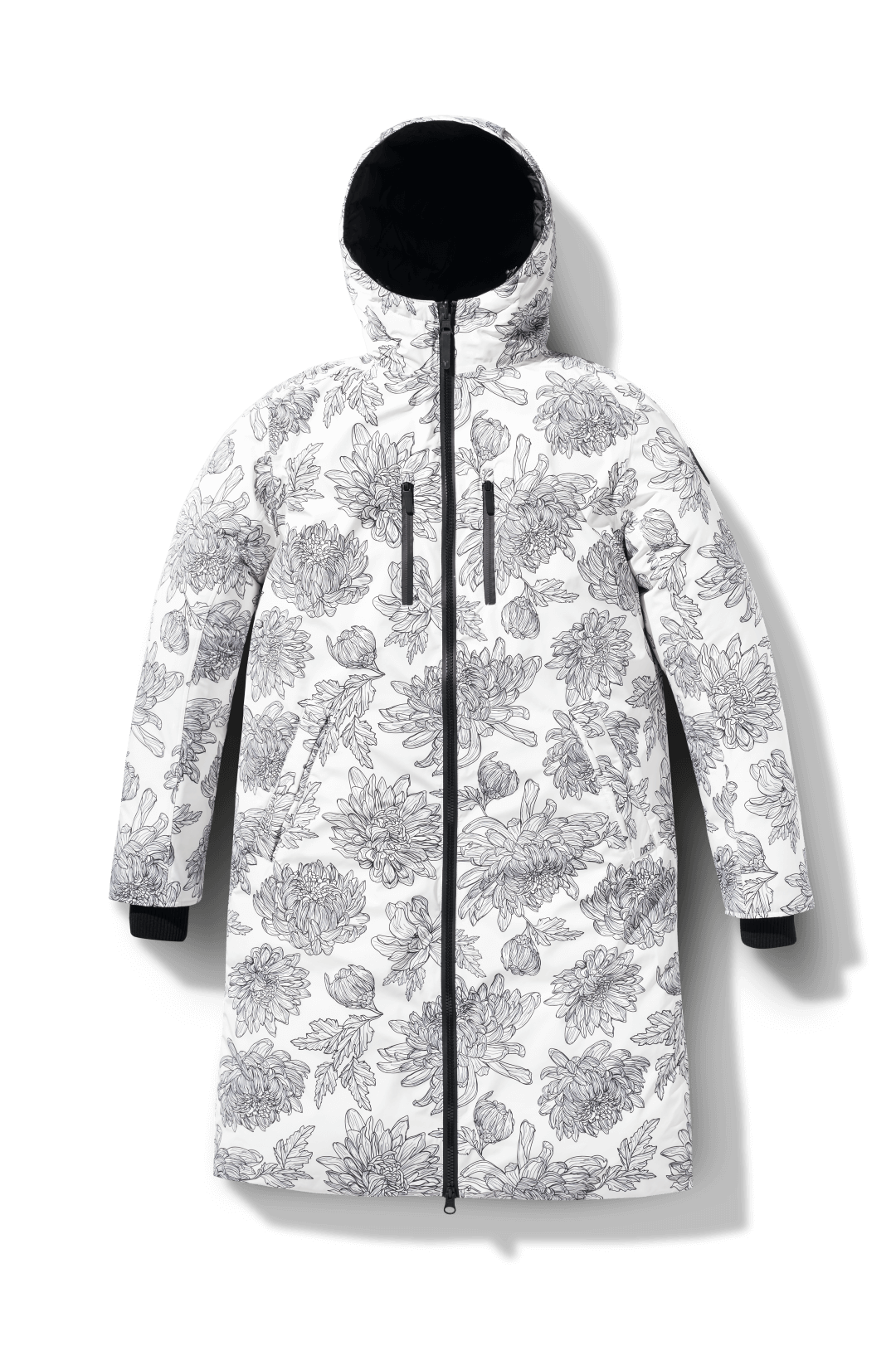 Men's knee length reversible down-filled parka with non-removable hood in White Floral Print