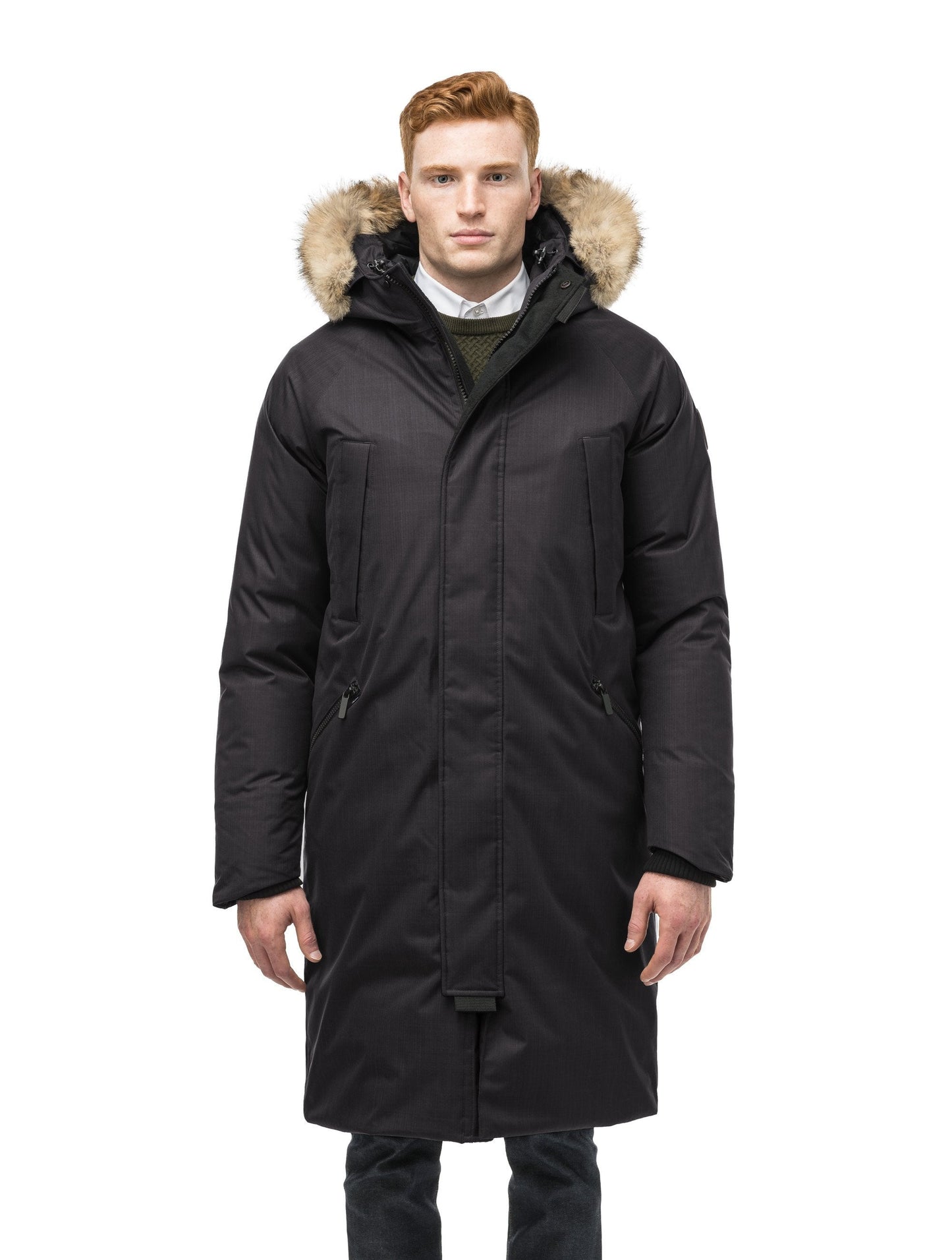 This ankle length men's down filled parka doubles as an over coat with a removable fur trim on the hood in Black