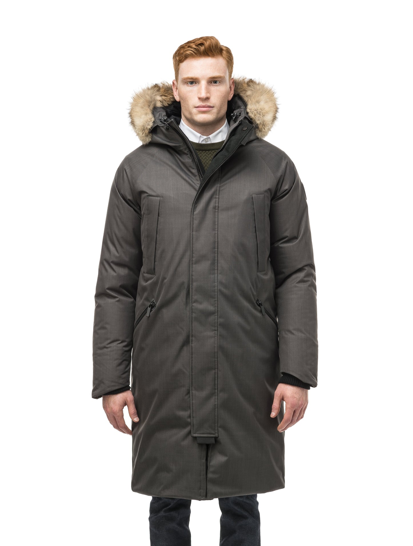 This ankle length men's down filled parka doubles as an over coat with a removable fur trim on the hood in Steel Grey