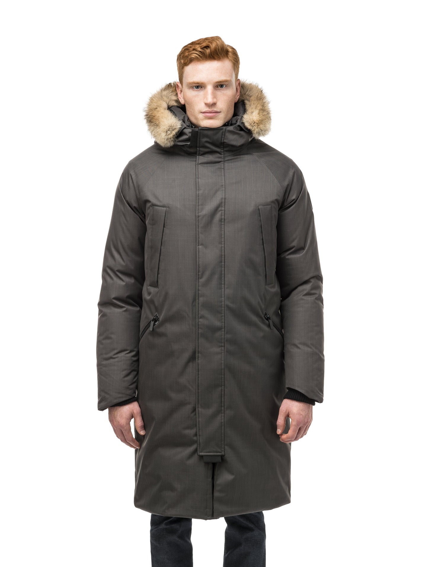 This ankle length men's down filled parka doubles as an over coat with a removable fur trim on the hood in Steel Grey