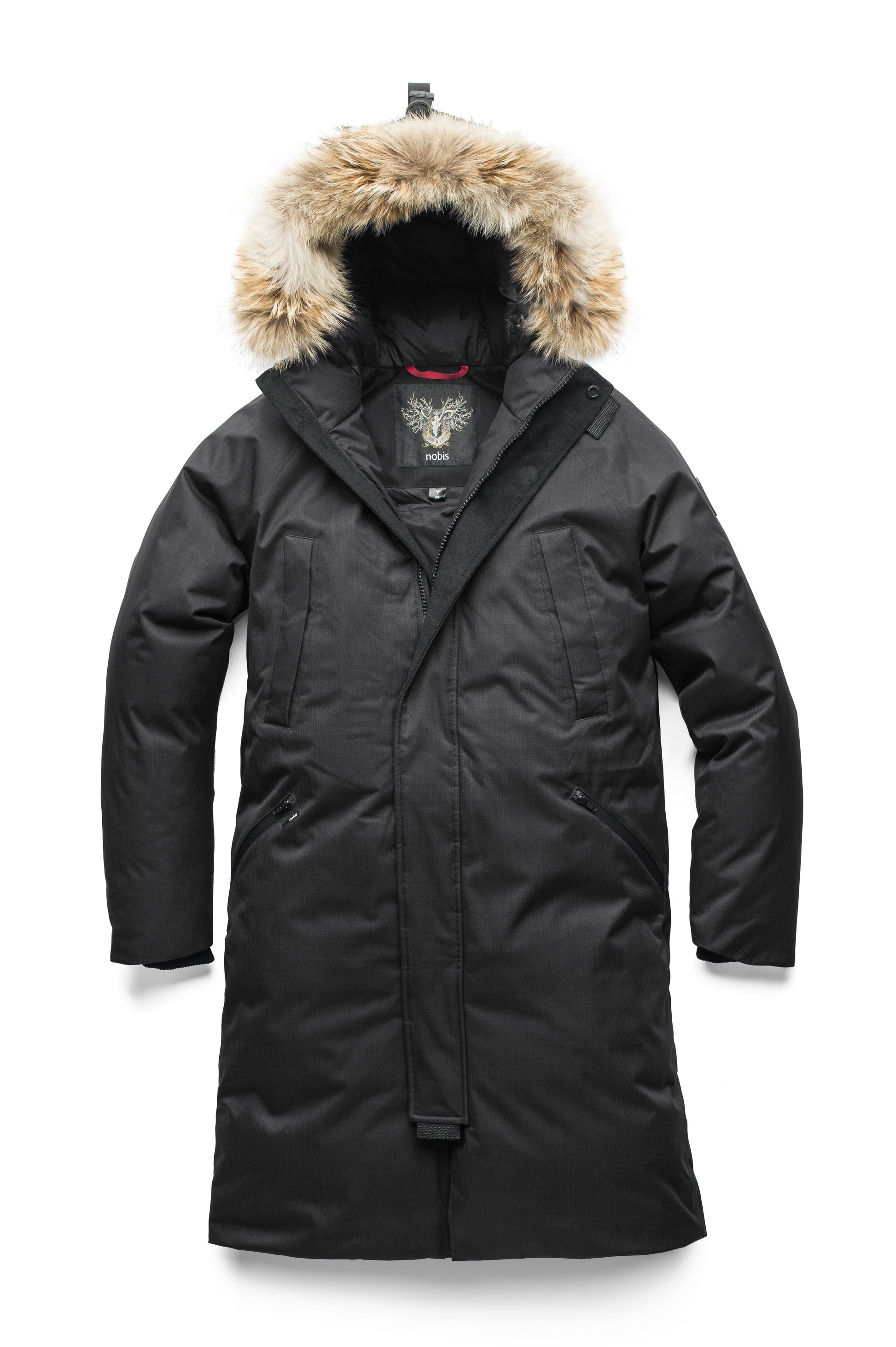 This ankle length men's down filled parka doubles as an over coat with a removable fur trim on the hood in Black