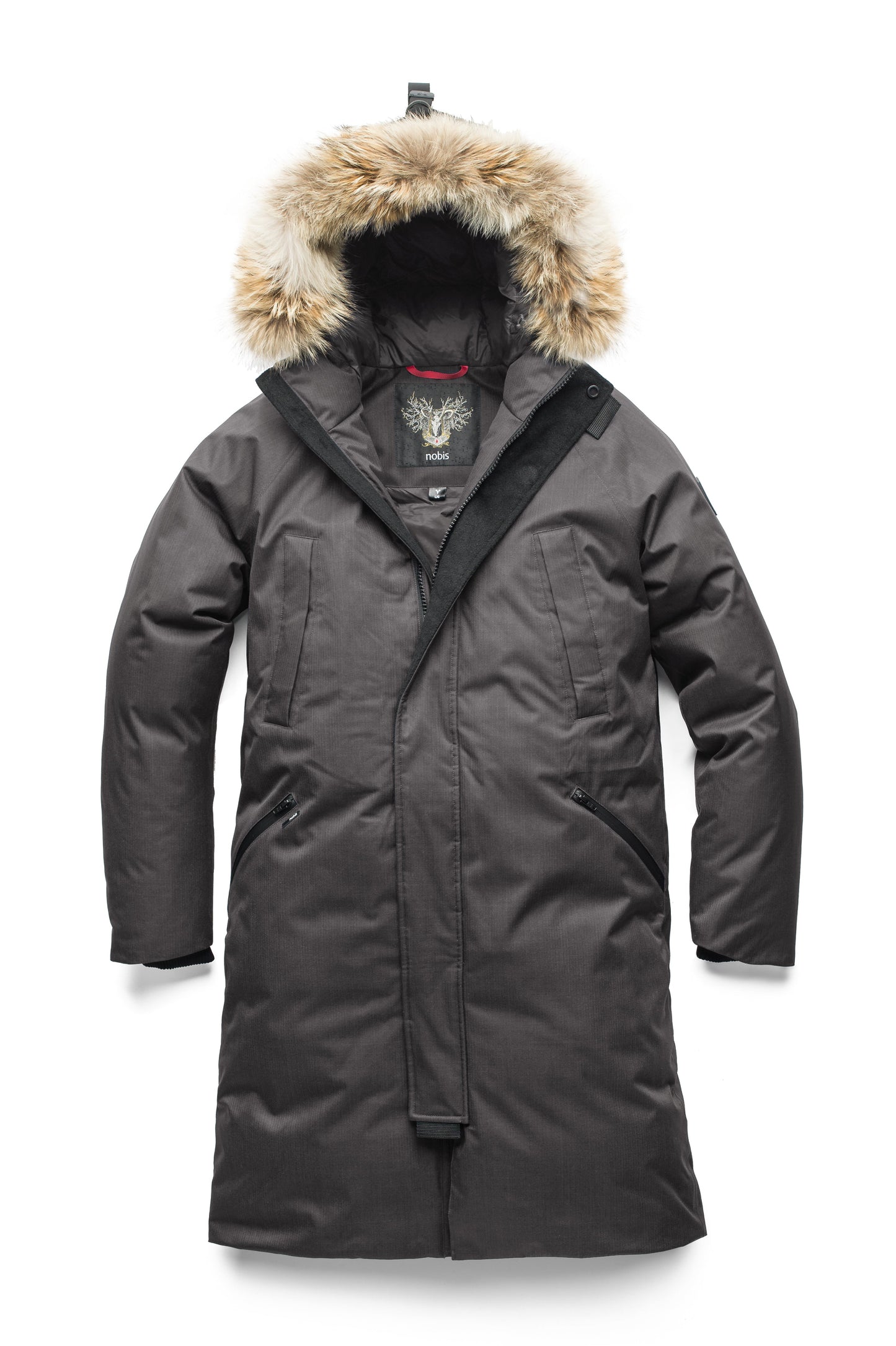 This ankle length men's down filled parka doubles as an over coat with a removable fur trim on the hood in Steel Grey