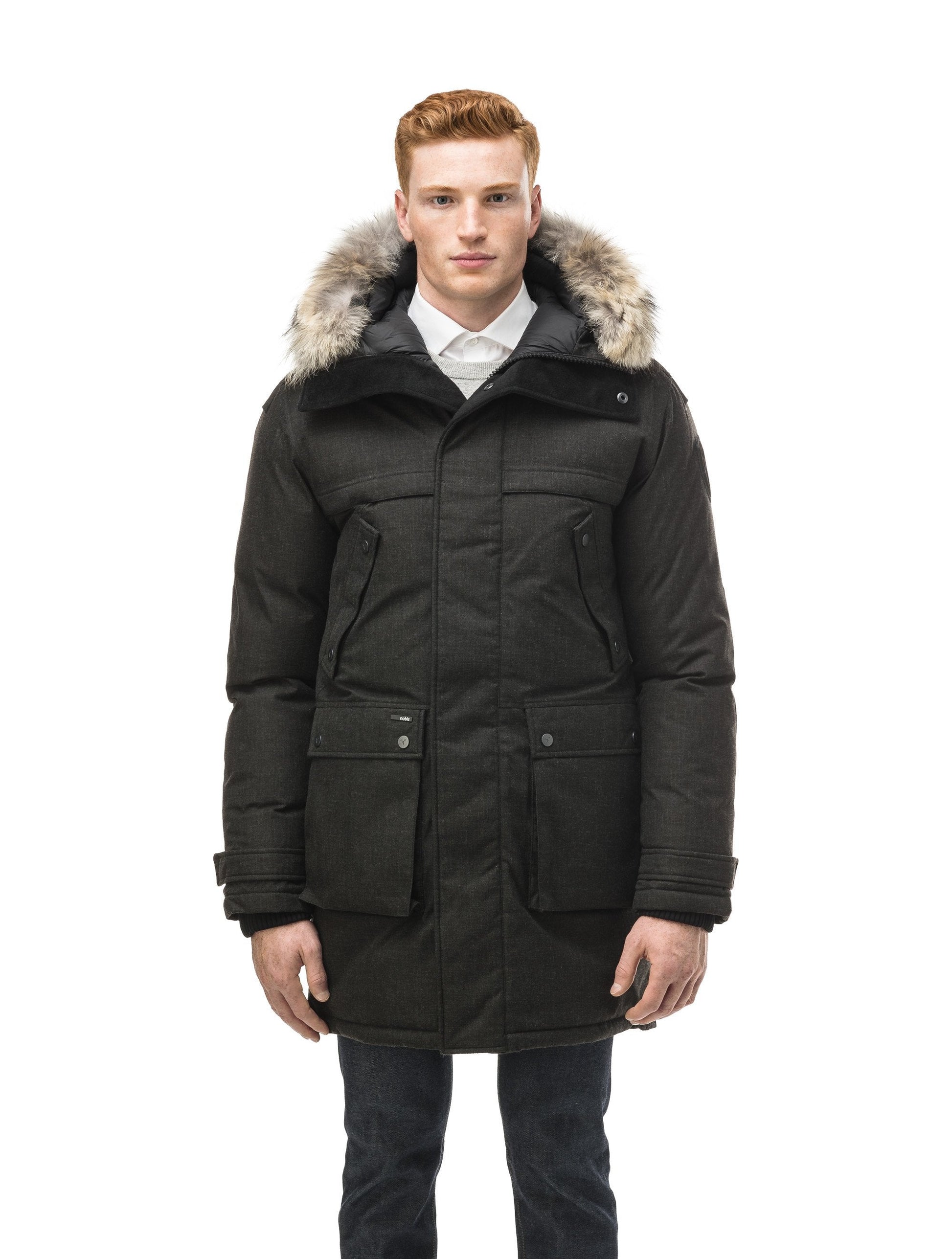 Men's Best Selling Parka the Yatesy is a down filled jacket with a zipper closure and magnetic placket in H. Black