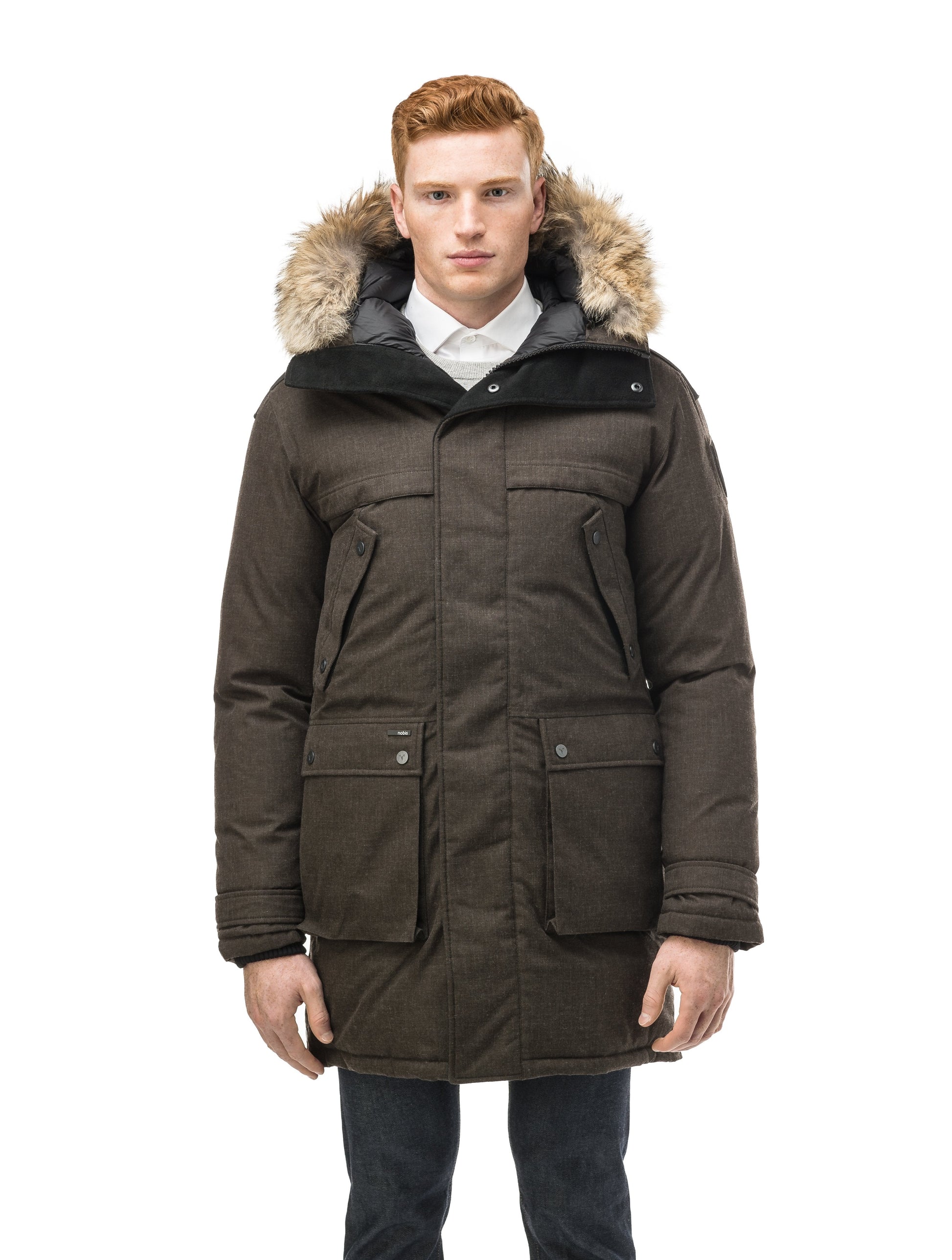 Men's Best Selling Parka the Yatesy is a down filled jacket with a zipper closure and magnetic placket in H. Brown