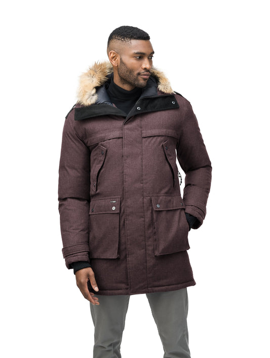 Men's Best Selling Parka the Yatesy is a down filled jacket with a zipper closure and magnetic placket in H. Burgundy