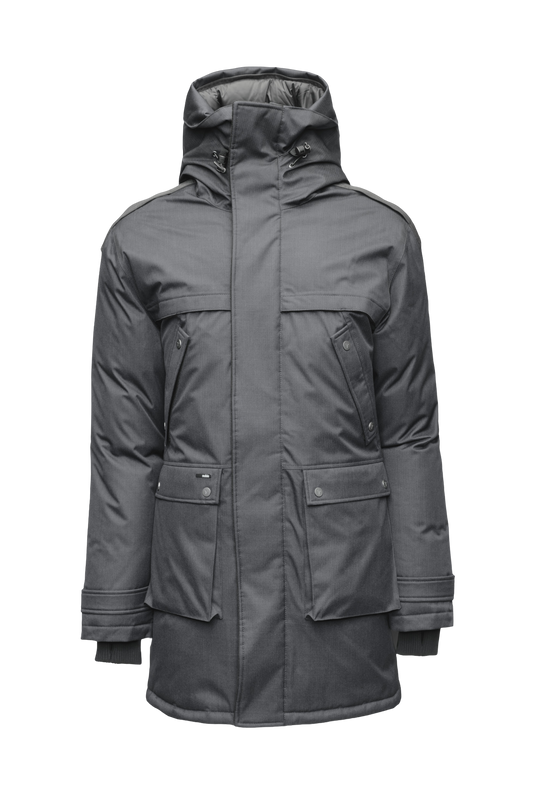 Men's Best Selling Parka the Yatesy is a down filled jacket with a zipper closure and magnetic placket in Steel Grey + Steel Grey