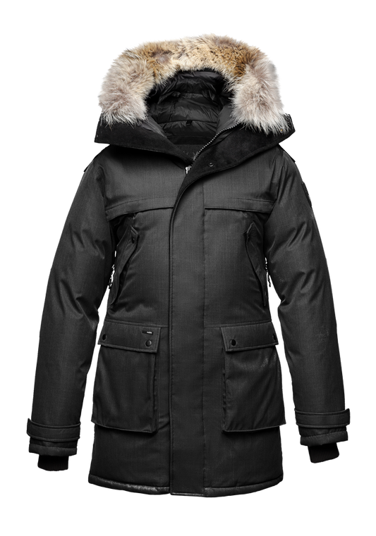 Men's Best Selling Parka the Yatesy is a down filled jacket with a zipper closure and magnetic placket in H. Black