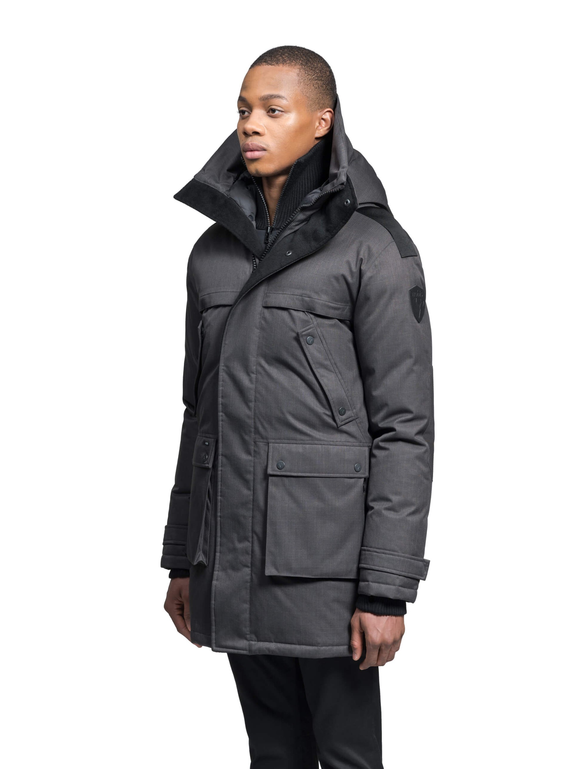 Men's Best Selling Parka the Yatesy is a down filled jacket with a zipper closure and magnetic placket in Steel Grey