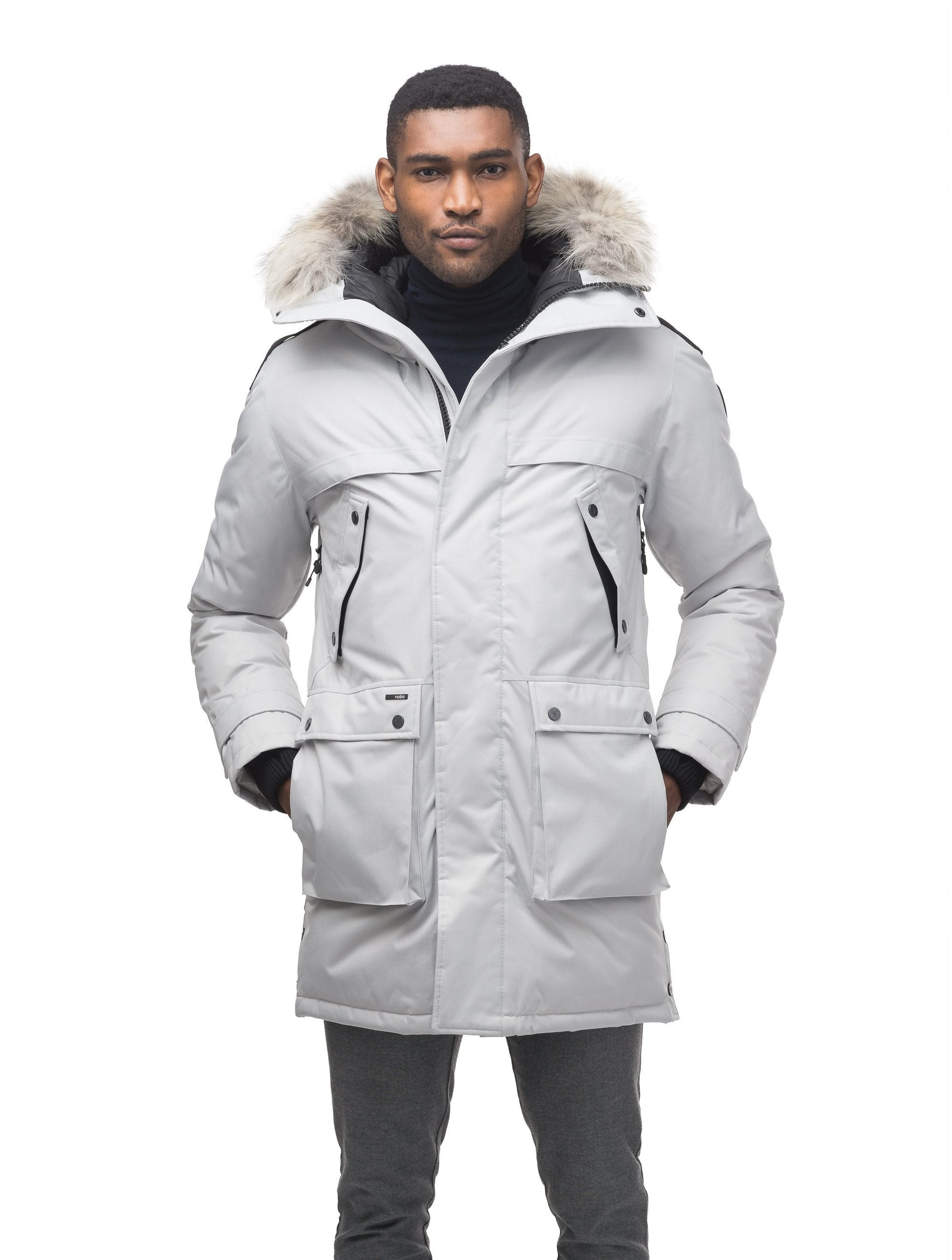 Men's Best Selling Parka the Yatesy is a down filled jacket with a zipper closure and magnetic placket in CH Light Grey