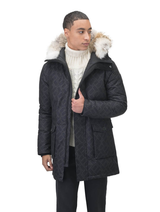 Men's slim fitting waist length parka with removable fur trim on the hood and two waist patch pockets in Dark Monogram + Dark Monogram