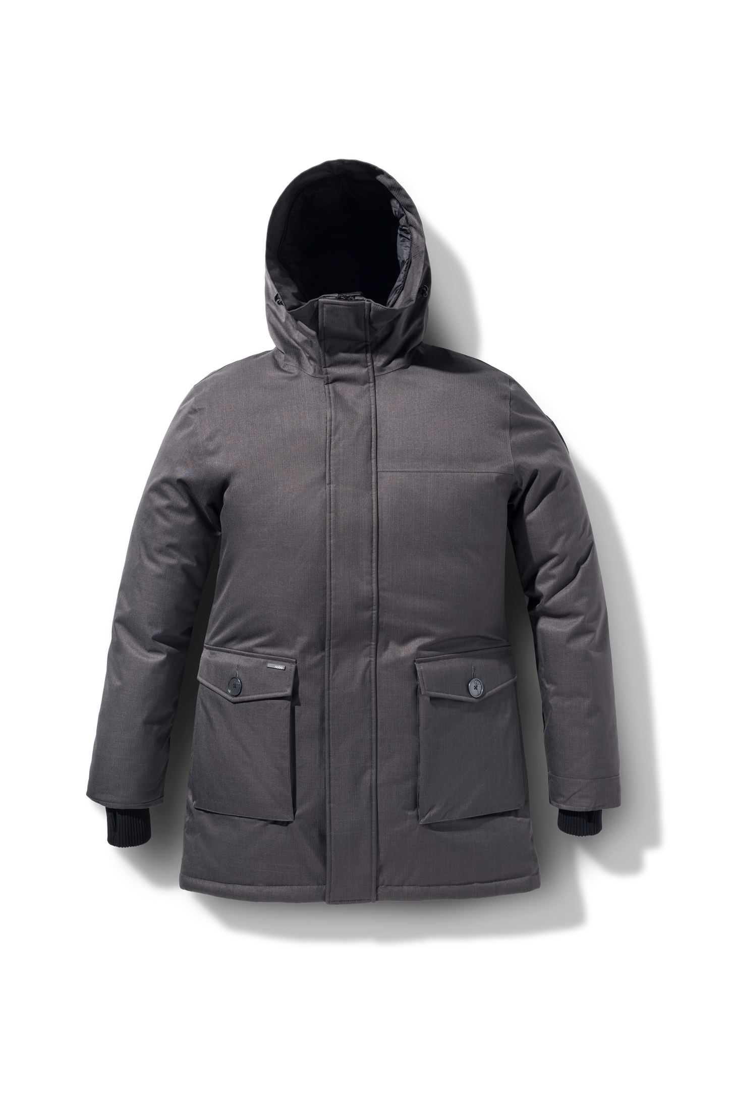 Yves Furless Men's Parka in thigh length, Canadian white duck down insulation, non-removable down-filled hood, flap pockets at waist, centre-front two-way zipper with magnetic wind flap, and elastic ribbed cuffs, in CH Steel Grey