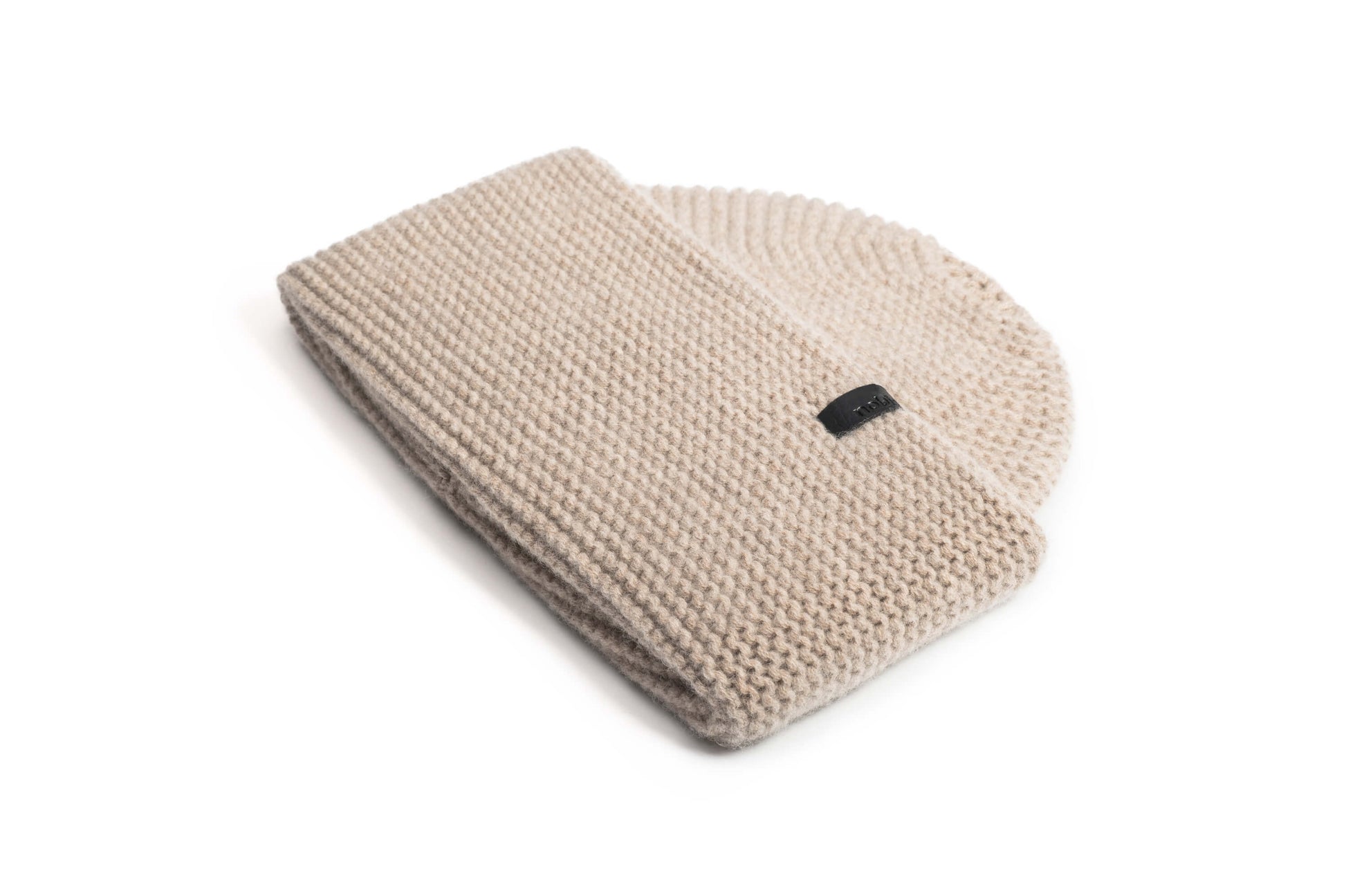 Mira Unisex Purl Knit Beanie in superfine merino wool and cashmere, and Nobis leather label at cuff, in Khaki