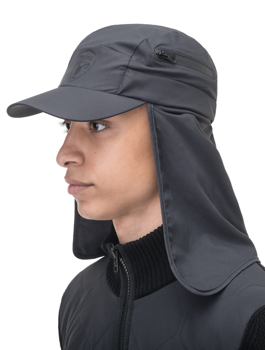 Tal Unisex 3-in-1 cap in 5-panel construction, curved peak brim, back flap, adjustable cobra buckle at back, zipper pocket on left side crown, and detachable face covering, in Black