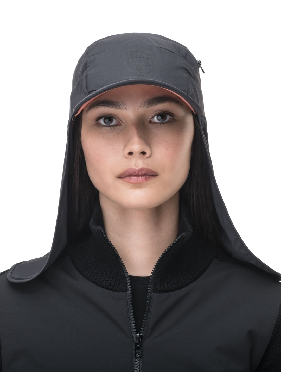 Tal Unisex 3-in-1 cap in 5-panel construction, curved peak brim, back flap, adjustable cobra buckle at back, zipper pocket on left side crown, and detachable face covering, in Black