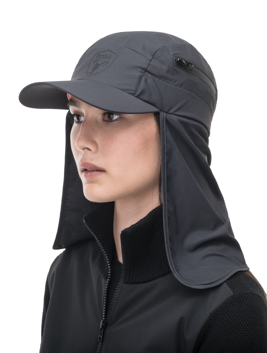 Tal Unisex 3-in-1 cap in 5-panel construction, curved peak brim, back flap, adjustable cobra buckle at back, zipper pocket on left side crown, and detachable face covering, in Black