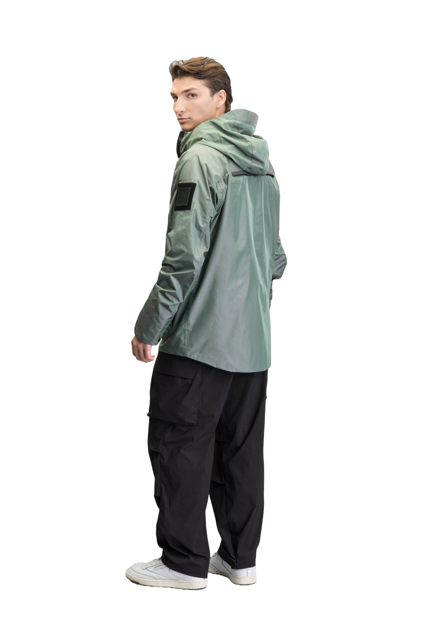 Mission Men's Performance Rain Shell Jacket in hip length, non-removable hood with adjustable toggle, two-way waterproof zipper, flap closure waist pockets with additional side entry storage, zipper ventilation on back, passive underarm ventilation, and breathable mesh lining, in Duck Green