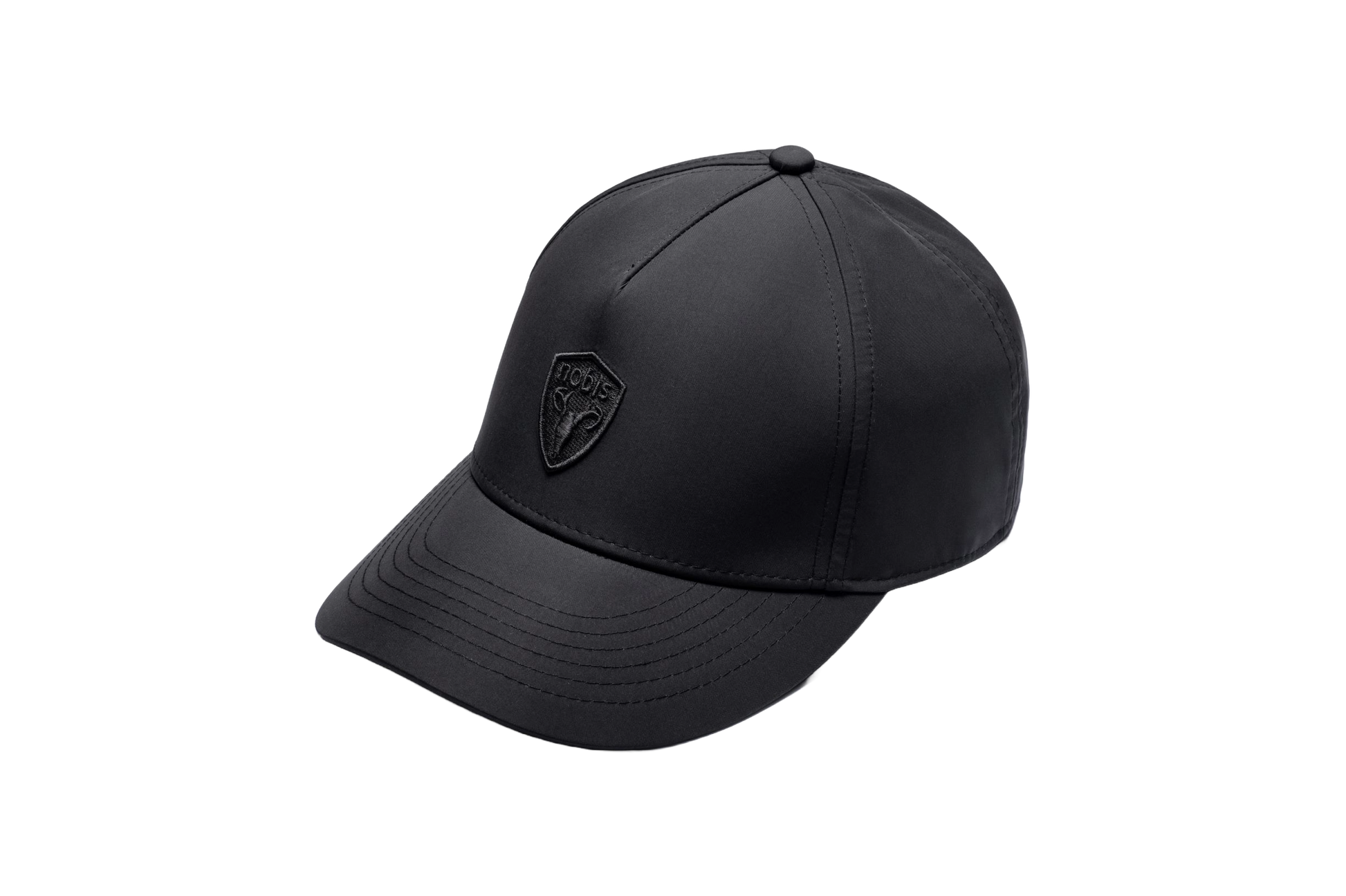 Satine Adjustable Cap in 5-panel construction, mid height crown, curved peak brim, and adjustable strap closure, in Black