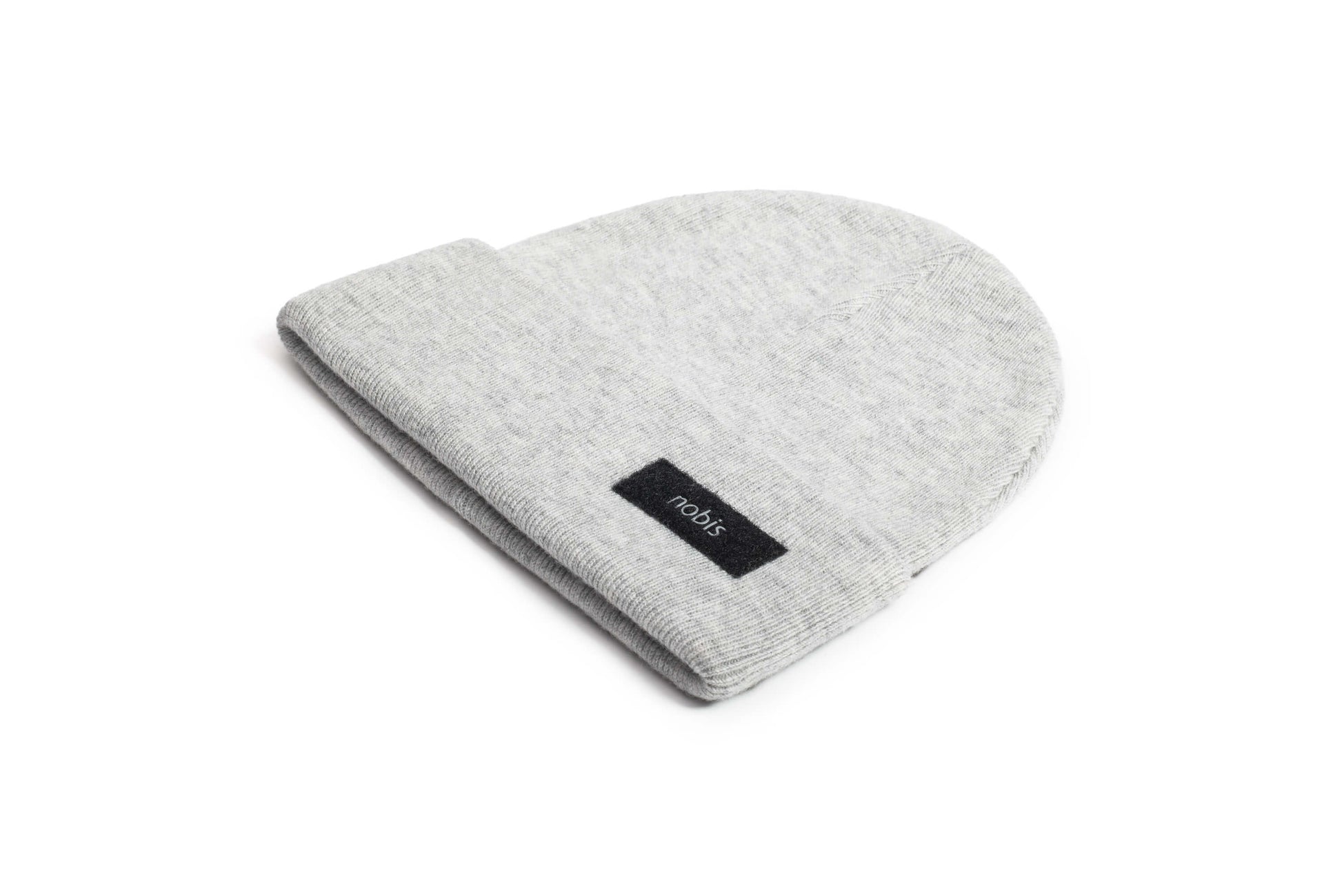 Dalia Unisex Jersey Knit Beanie in extrafine merino wool, and nobis label on cuff, in Gravel