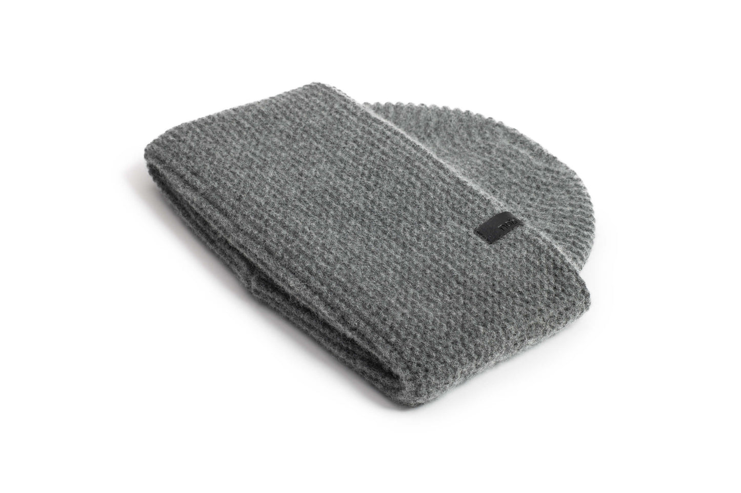 Mira Unisex Purl Knit Beanie in superfine merino wool and cashmere, and Nobis leather label at cuff, in Storm