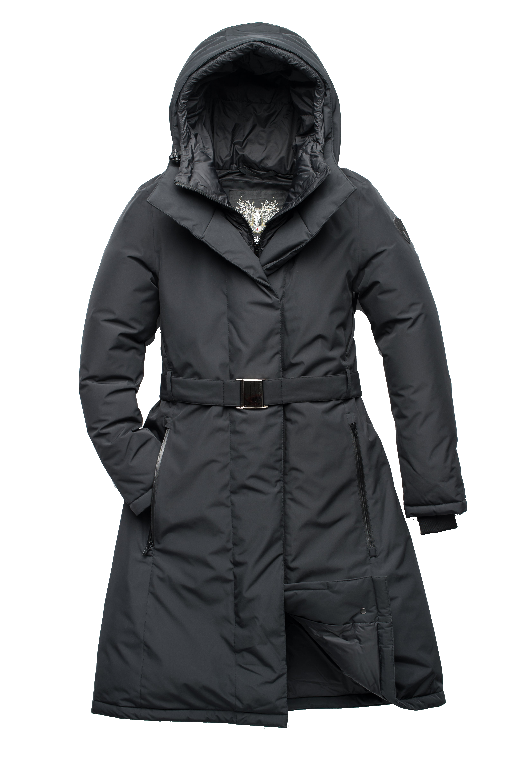 Long calf length hooded women's winter parka with an inner hip length closure, exterior hem length zipper and magentic placket in Black + Black