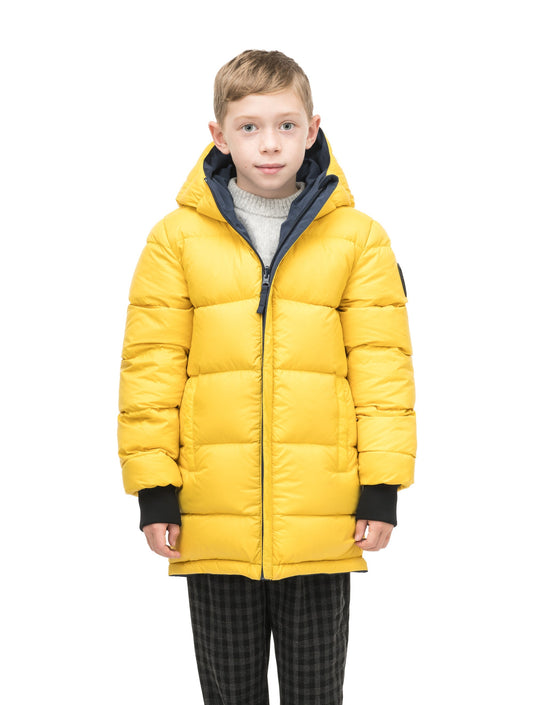 Kids' reversible knee length, down filled parka with waterproof finish in Marine/Citron + Marine/Citron