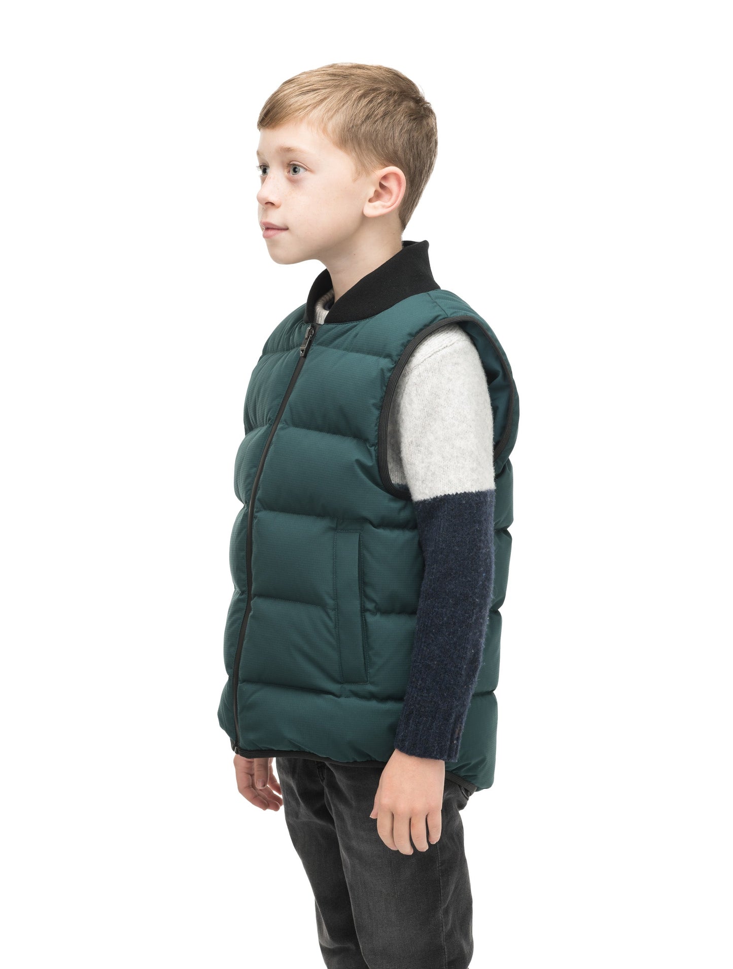 Little Pluto Kids Mid Layer Vest in hip length, Canadian duck down insulation, ribbed collar, two-way front zipper, and quilted body, in Pine