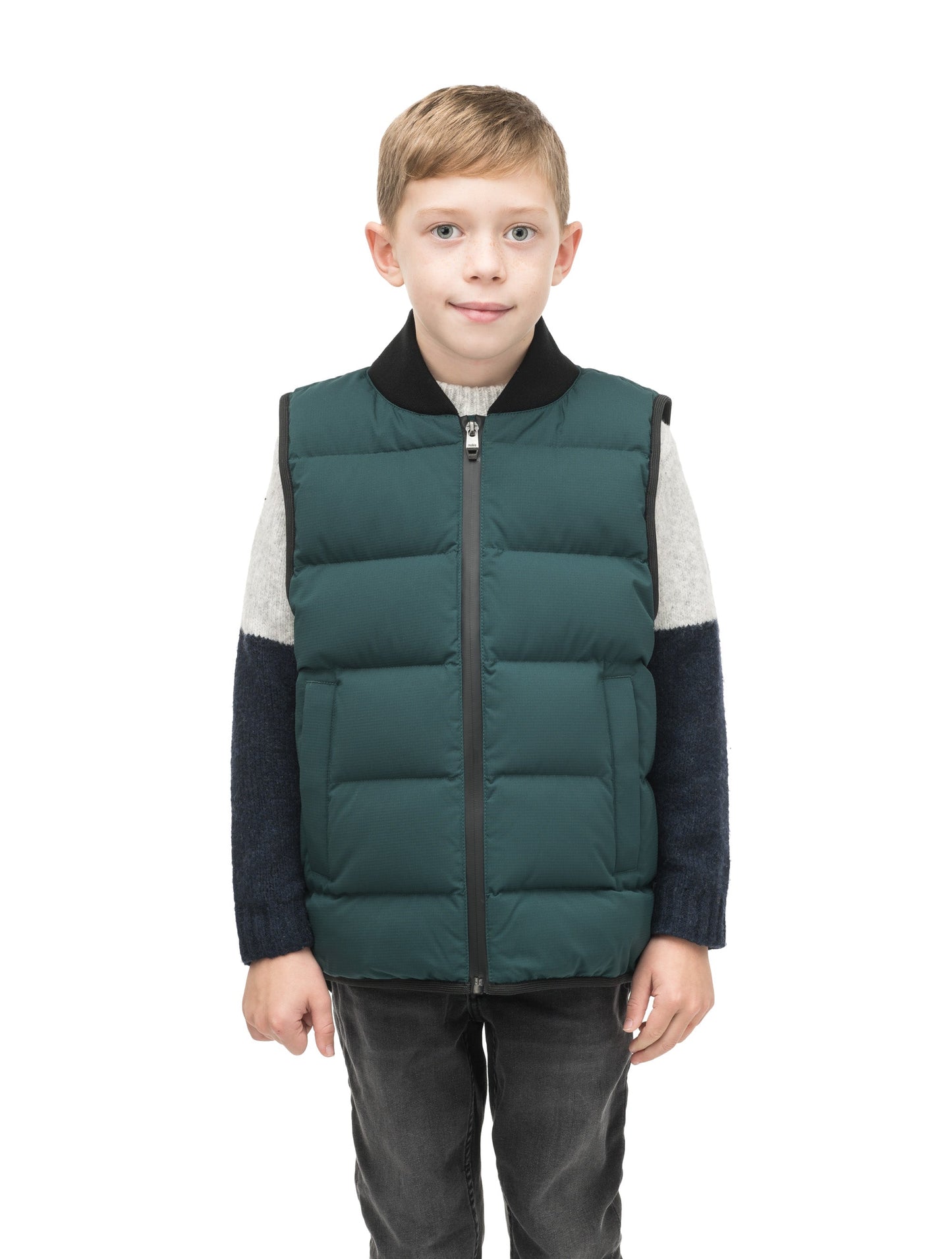 Little Pluto Kids Mid Layer Vest in hip length, Canadian duck down insulation, ribbed collar, two-way front zipper, and quilted body, in Pine