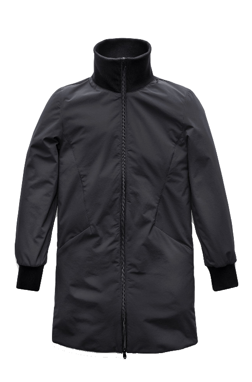 Mora Ladies Mid Layer Rib Neck Jacket in thigh length, Primaloft insulation, ribbing at collar and cuffs, and two-way front zipper, in Black + Black