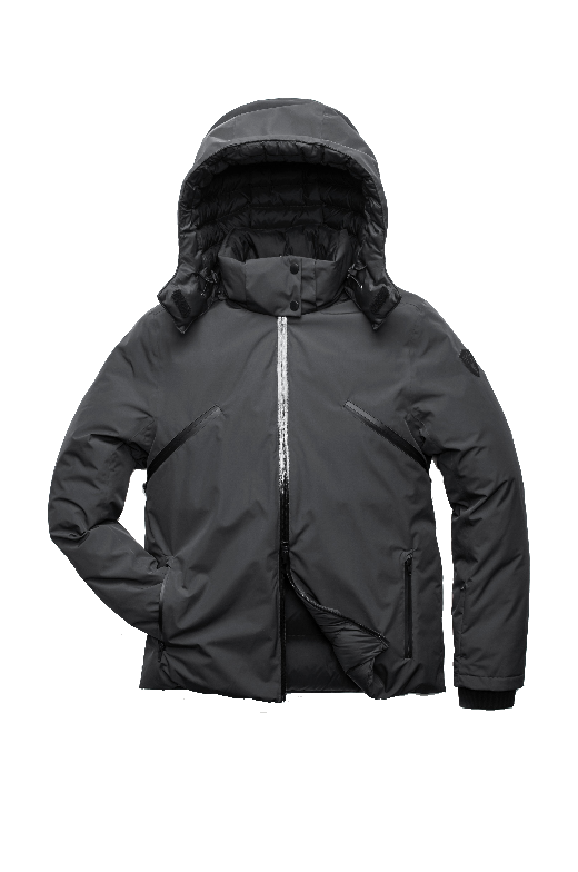 Hip length, reversible men's down filled jacket with removable hood in Black + Black