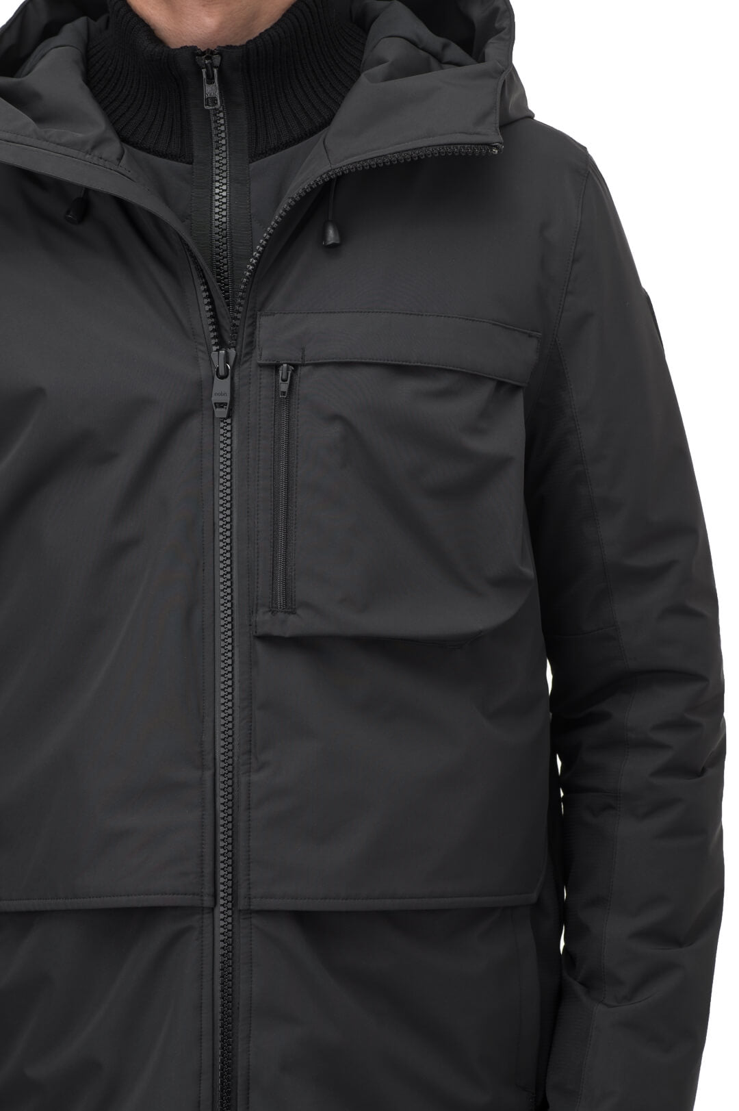 Alta Men's Performance Shell Jacket in hip length, Primaloft Gold Insulation Active+, chest and waist pockets, ventilation under arms, reflective detailing on hood and back, two-way front zipper, and non-removable hood with adjustable drawstrings, in Black