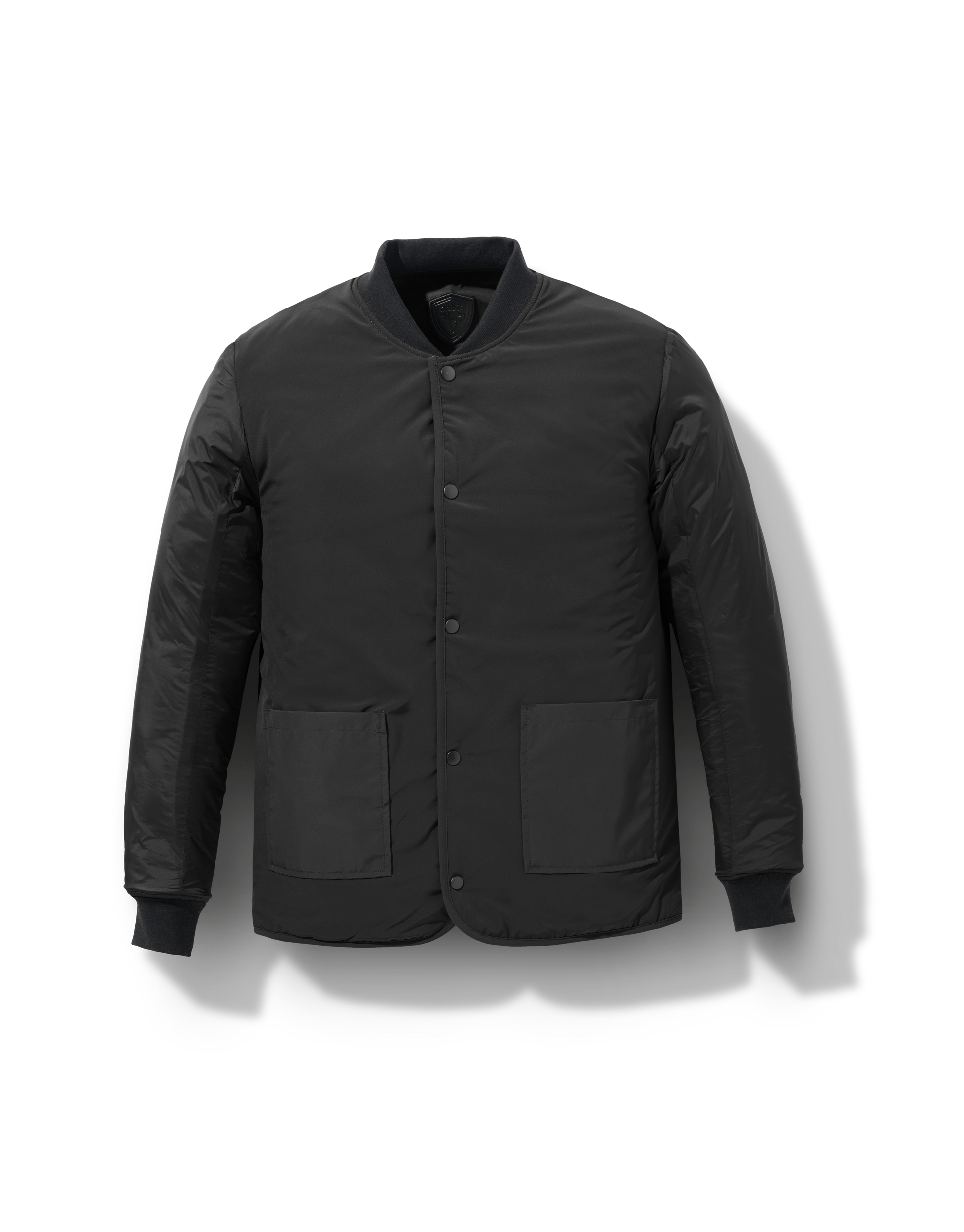 Speck Men's Tailored Mid Layer Jacket in hip length, Primaloft Gold Insulation Active+, diamond quilted body, rib knit collar and cuffs, snap buton front closure, and hidden side-entry zipper pockets at waist, in Black