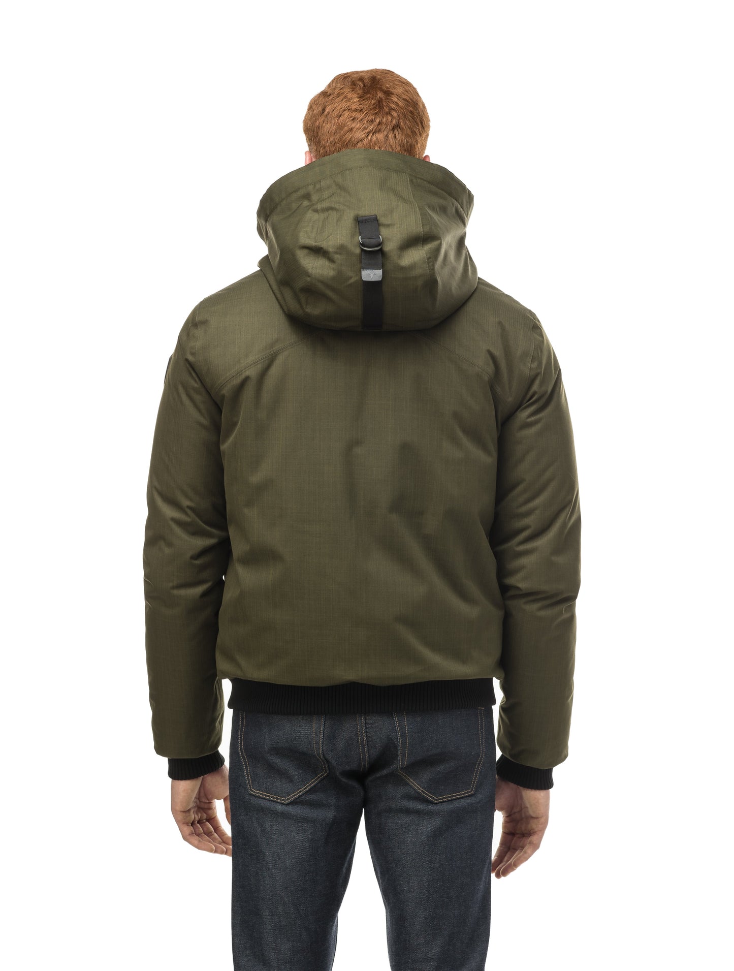 Men's sleek down filled bomber jacket with clean details and a fur free hood in CH Fatigue