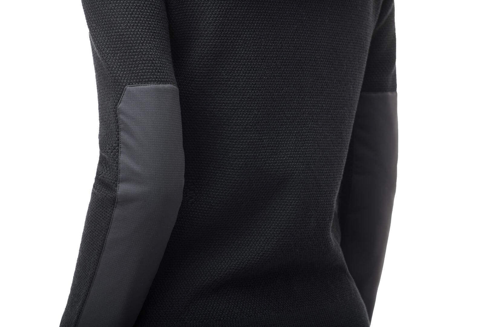 Evo Ladies Performance Full Zip Sweater in hip length, Primaloft Gold Insulation Active+, Merion wool knit collar, sleeves, back, and cuffs, two-way front zipper, and hidden waist pockets, in Black