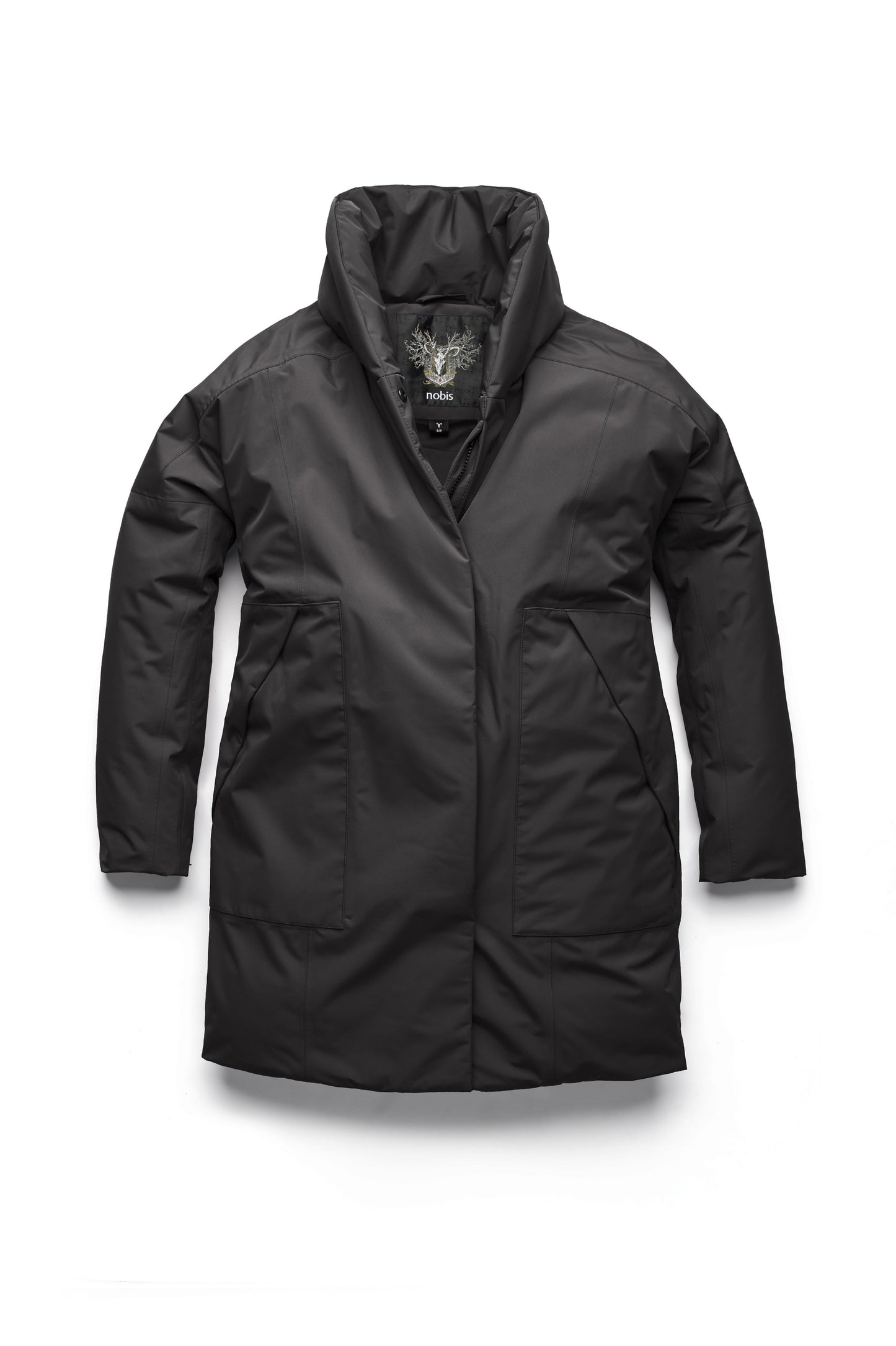 Women's down filled parka with cocoon silhouette and a beautiful shawl collar in Black