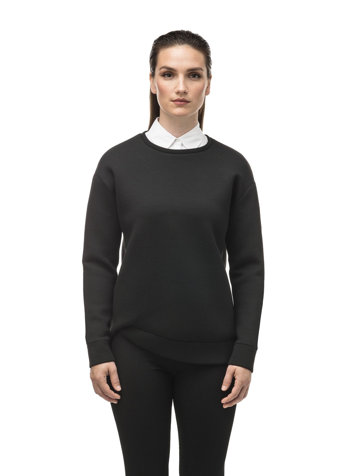 Classic black women's crew neck pullover with fold over hem detail in Black