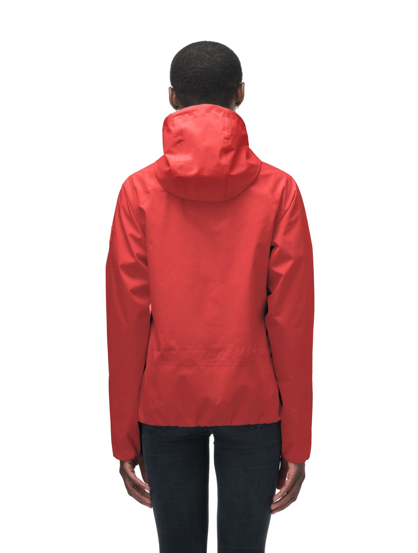 Women's hip length waterproof jacket with non-removable hood and two-way zipper in Vermillion