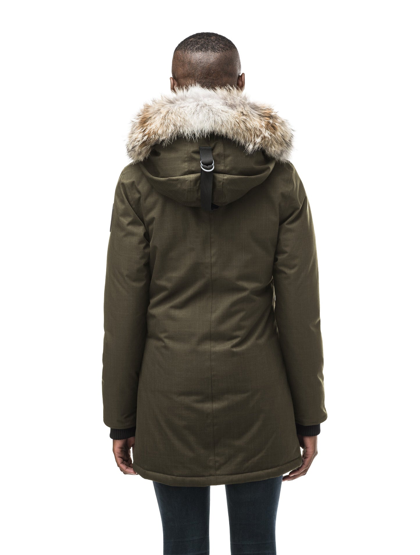 Women's down filled parka that sits just below the hip with a clean look and two hip patch pockets in CH Army Green