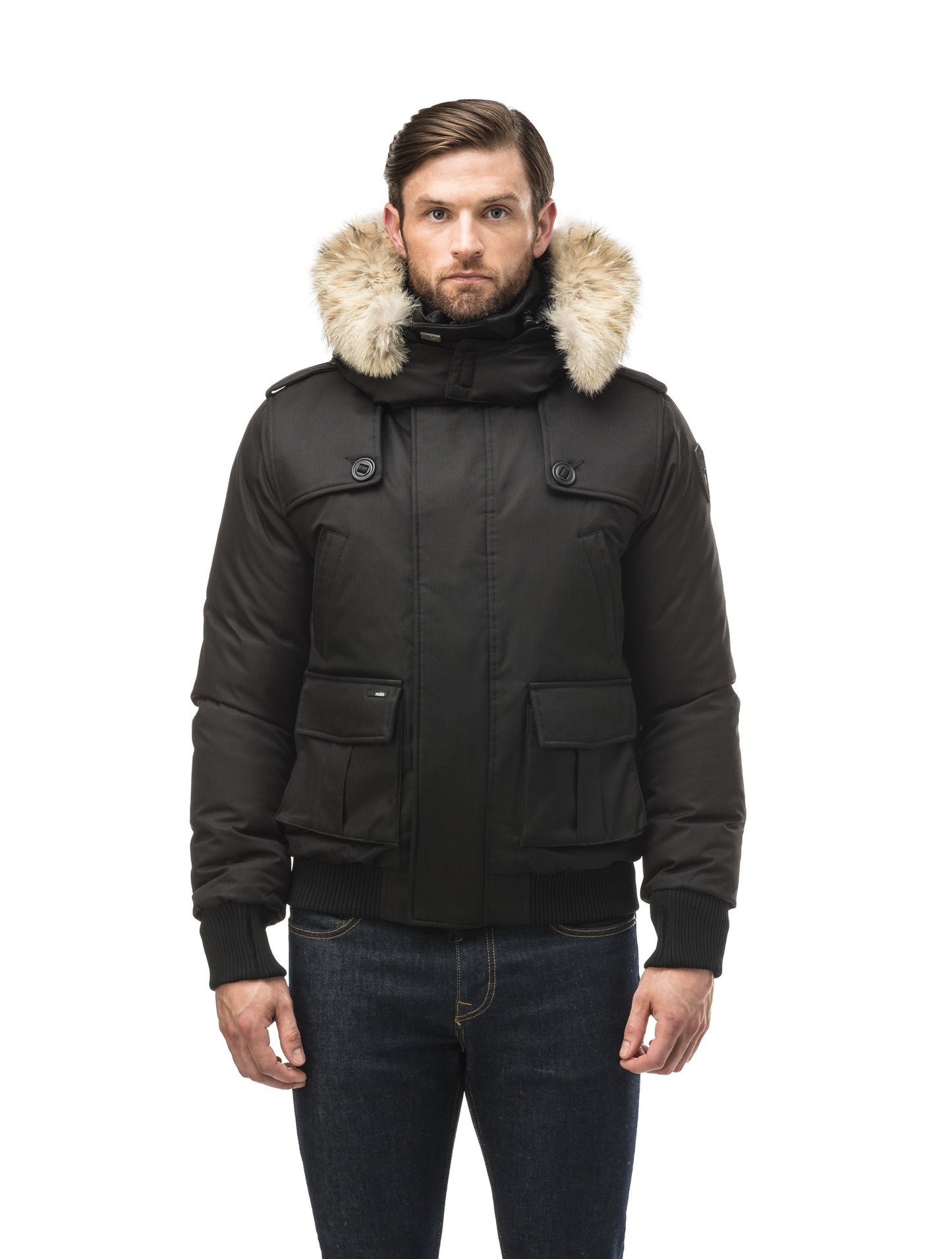 Men's down filled bomber that sits just above the hips with a completely removable hood that's windproof, waterproof, and breathable in Black