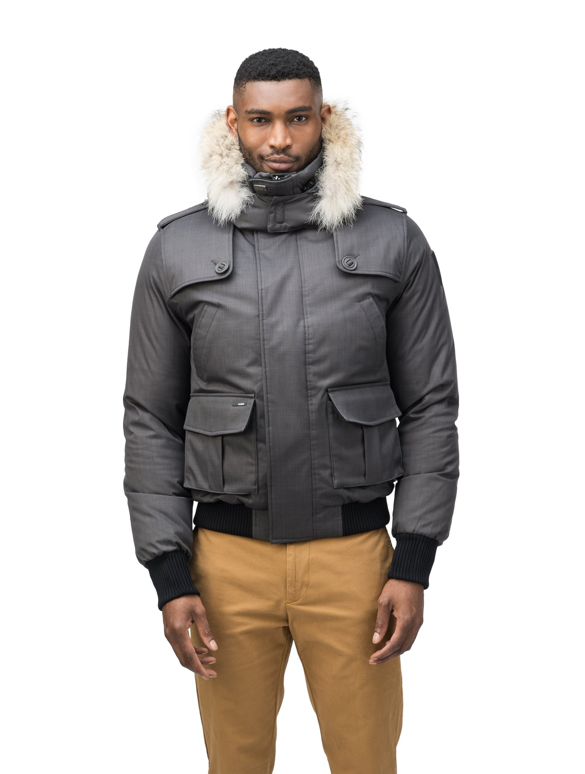 Men's down filled bomber that sits just above the hips with a completely removable hood that's windproof, waterproof, and breathable in H. Charcoal