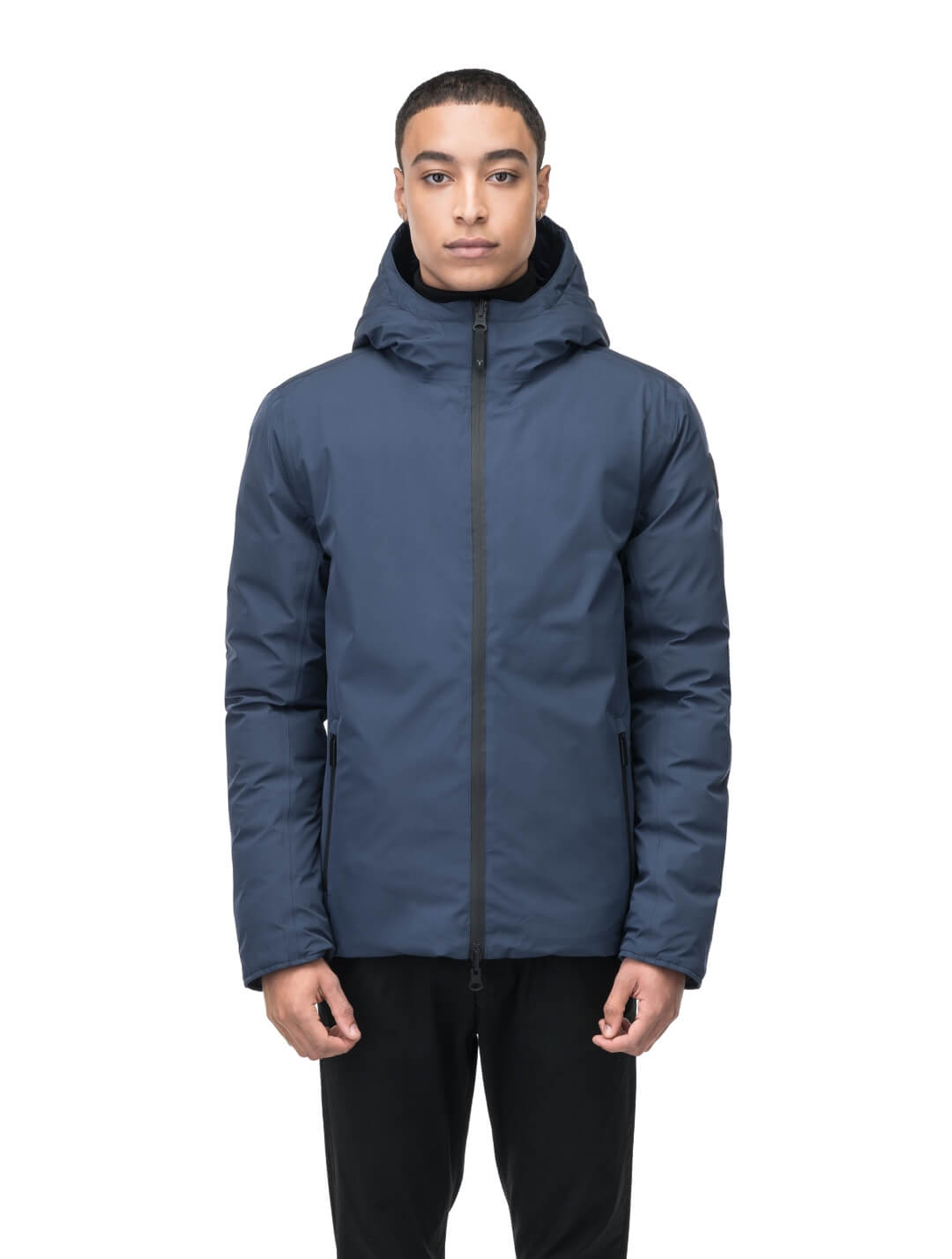 Chris Men's Mid Weight Reversible Puffer Jacket in hip length, Canadian duck down insulation, non-removable adjustable hood, ribbed cuffs, and quilted body on reversible side, in Marine