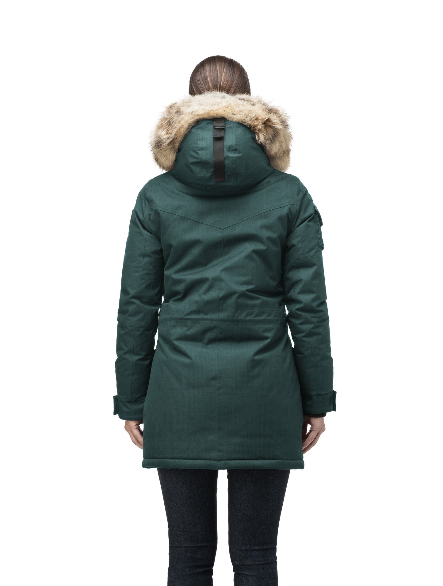 Women's down filled thigh length parka with four pleated patch pockets and an adjustable waist in CH Forest