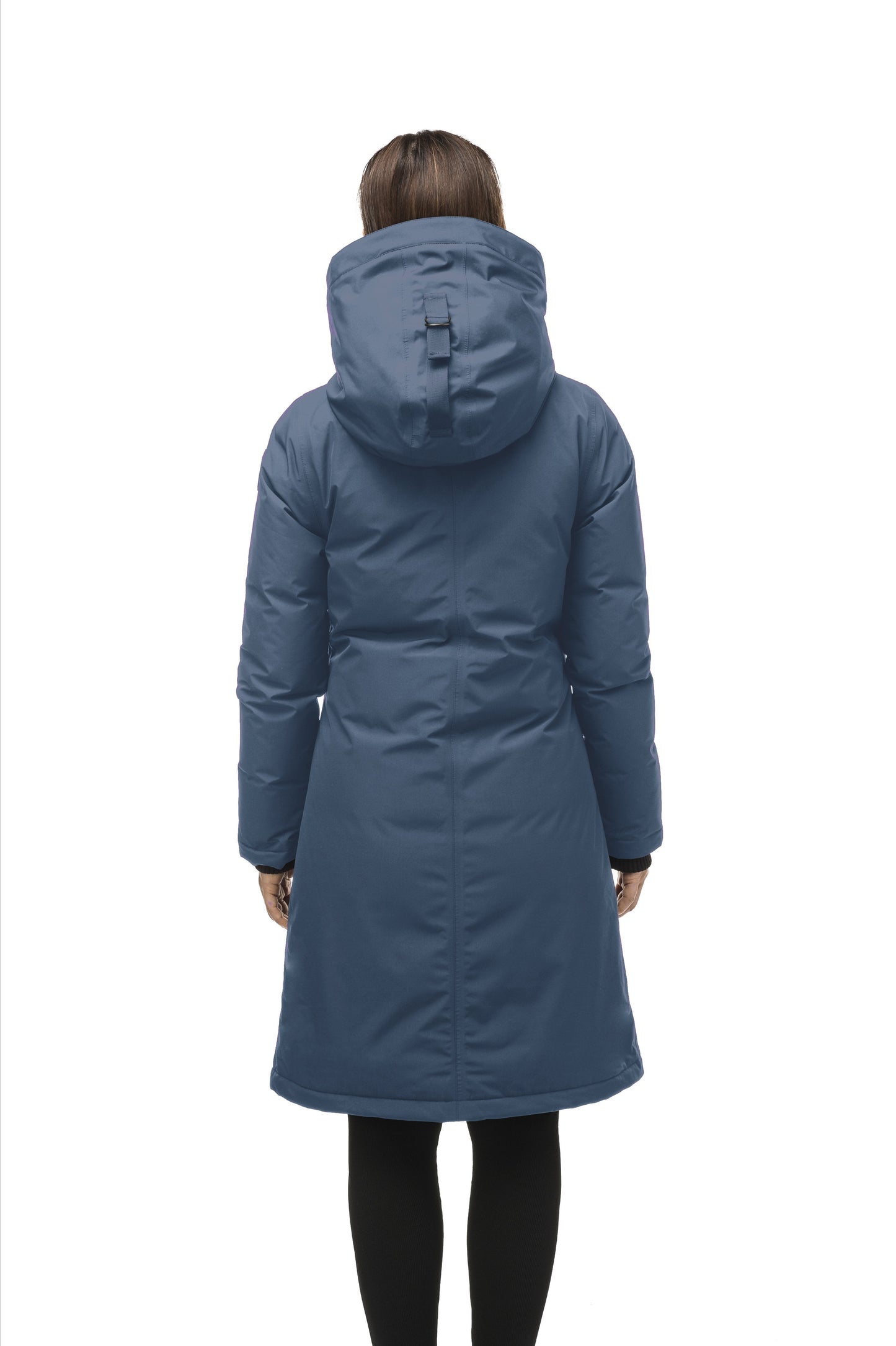 Minimalist down filled women's parka with fur free attached hood in Marine