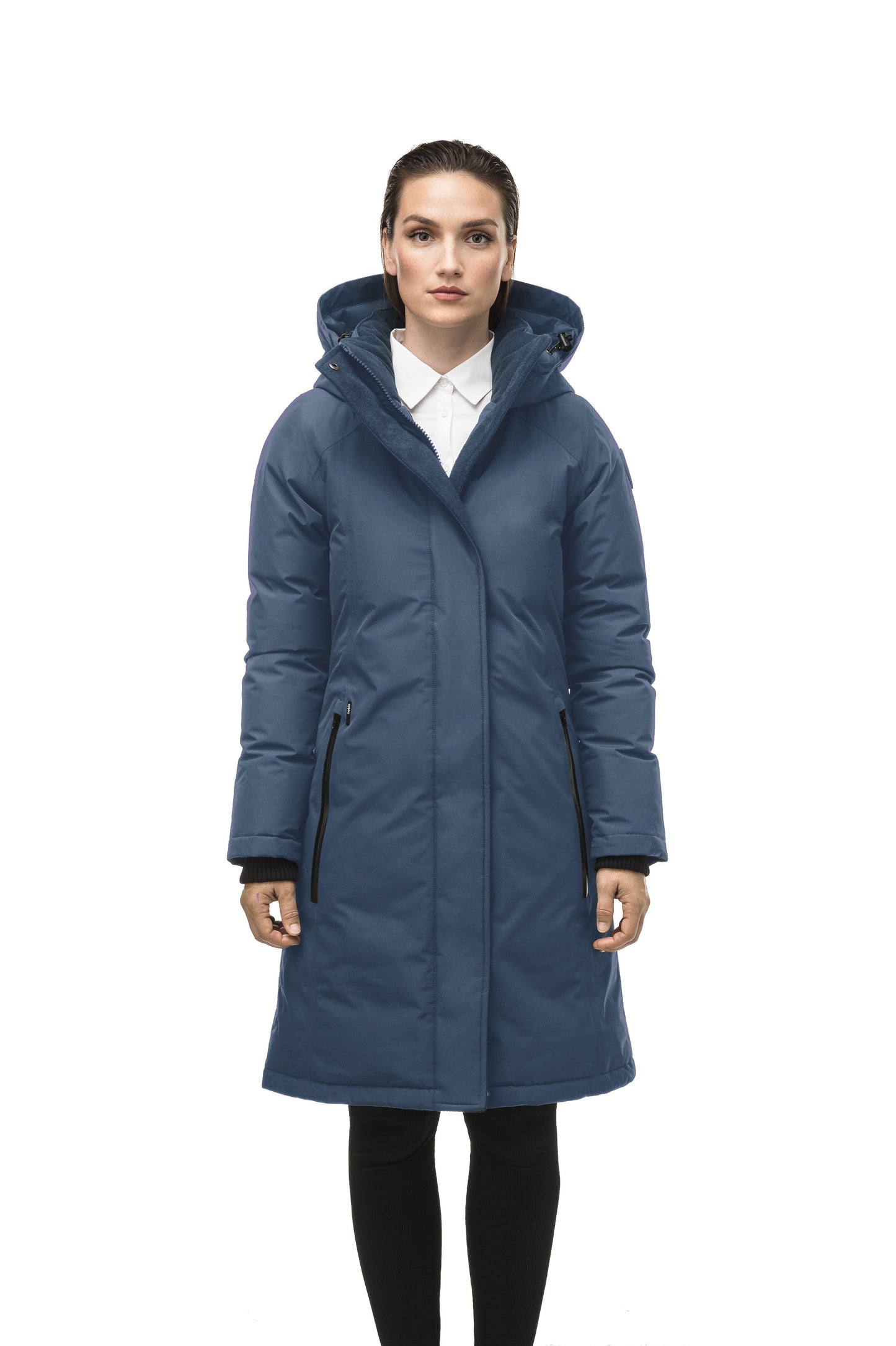 Minimalist down filled women's parka with fur free attached hood in Marine