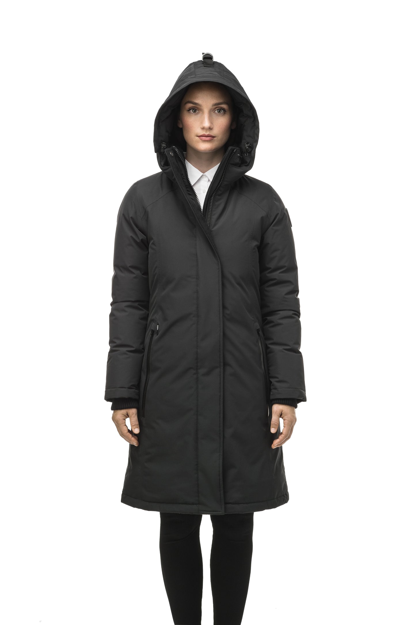 Minimalist down filled women's parka with fur free attached hood in Black
