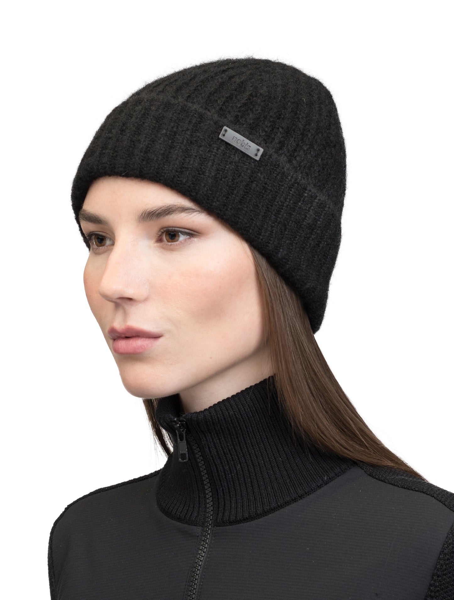 Dain Unisex Knit Watch Cap in superfine alpaca and merino wool, contrast colour knit along cuff, and Nobis embossed leather label at the cuff, in Black